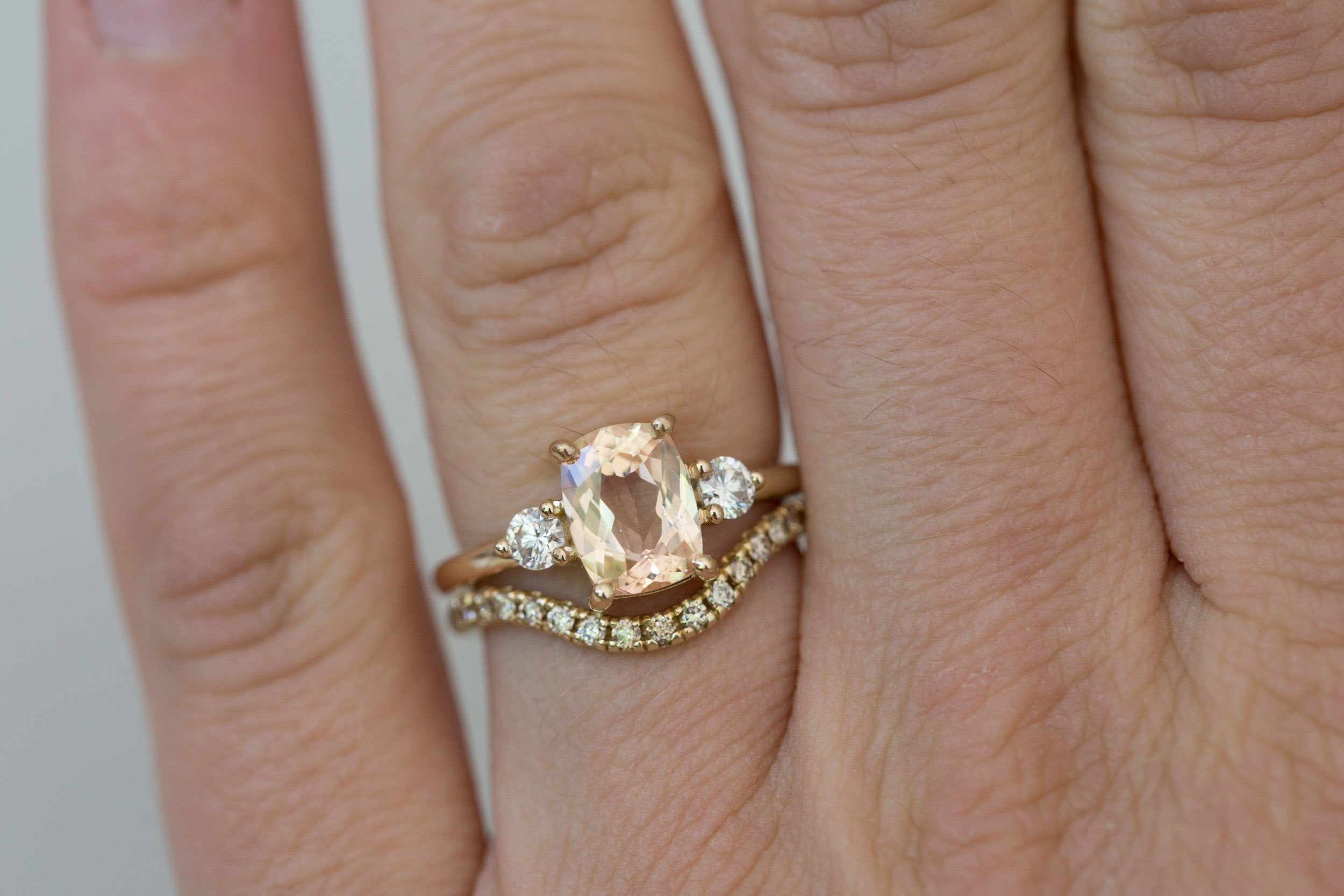 Maeve Ring | Peach Cushion Sapphire + Round Diamond Accent Engagement Ring 1.98 ct | 14k Recycled Gold | One of a Kind