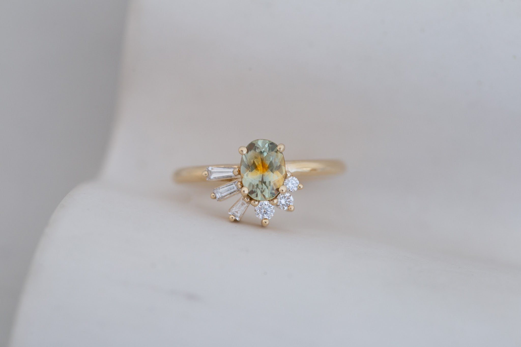 Sol Ring | Bicolor Montana Sapphire + Baguette and Round Diamond Cluster Engagement Ring 1.00 ct | 14k Recycled Gold | One of a Kind