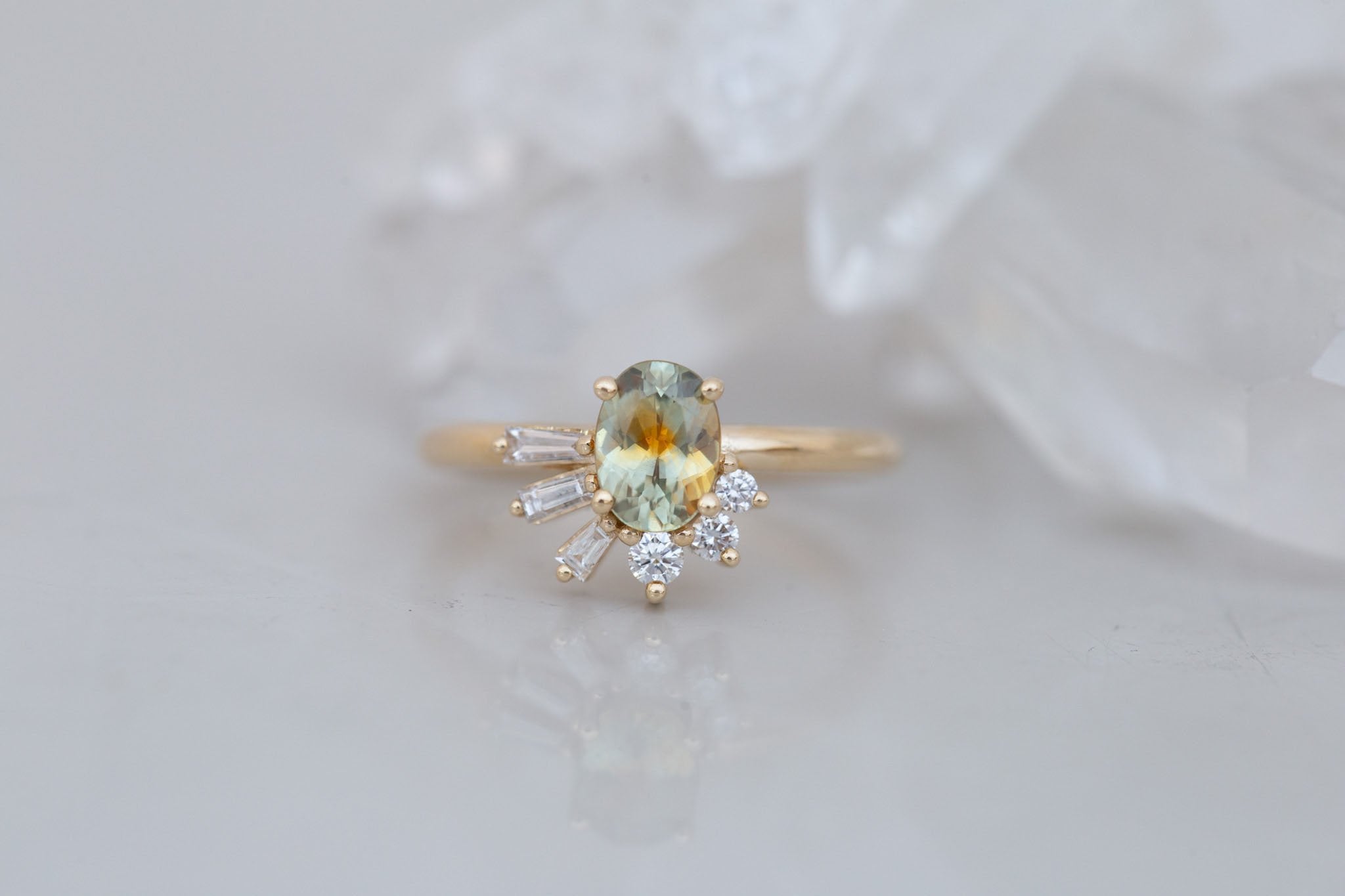 Sol Ring | Bicolor Montana Sapphire + Baguette and Round Diamond Cluster Engagement Ring 1.00 ct | 14k Recycled Gold | One of a Kind