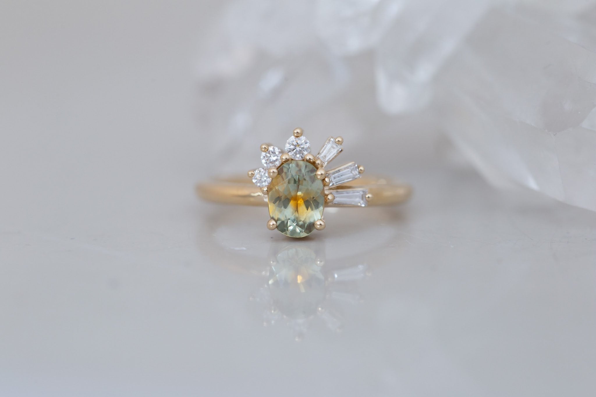 Sol Ring | Bicolor Montana Sapphire + Baguette and Round Diamond Cluster Engagement Ring 1.00 ct | 14k Recycled Gold | One of a Kind
