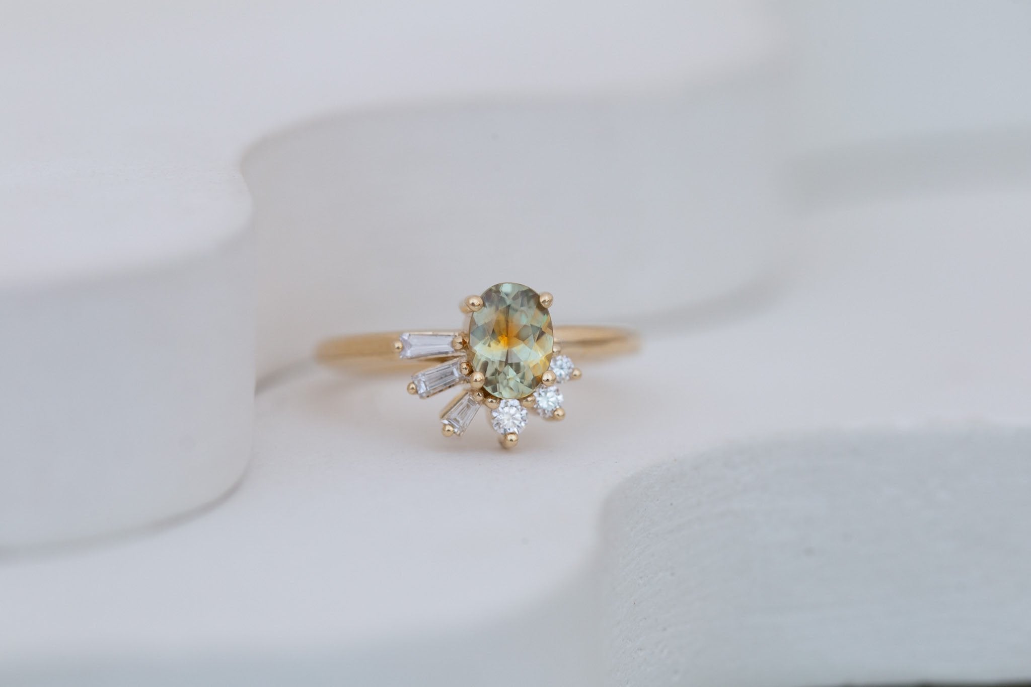 Sol Ring | Bicolor Montana Sapphire + Baguette and Round Diamond Cluster Engagement Ring 1.00 ct | 14k Recycled Gold | One of a Kind