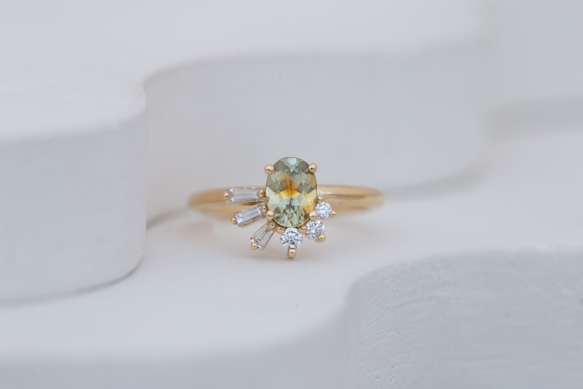 Sol Ring | Bicolor Montana Sapphire + Baguette and Round Diamond Cluster Engagement Ring 1.00 ct | 14k Recycled Gold | One of a Kind