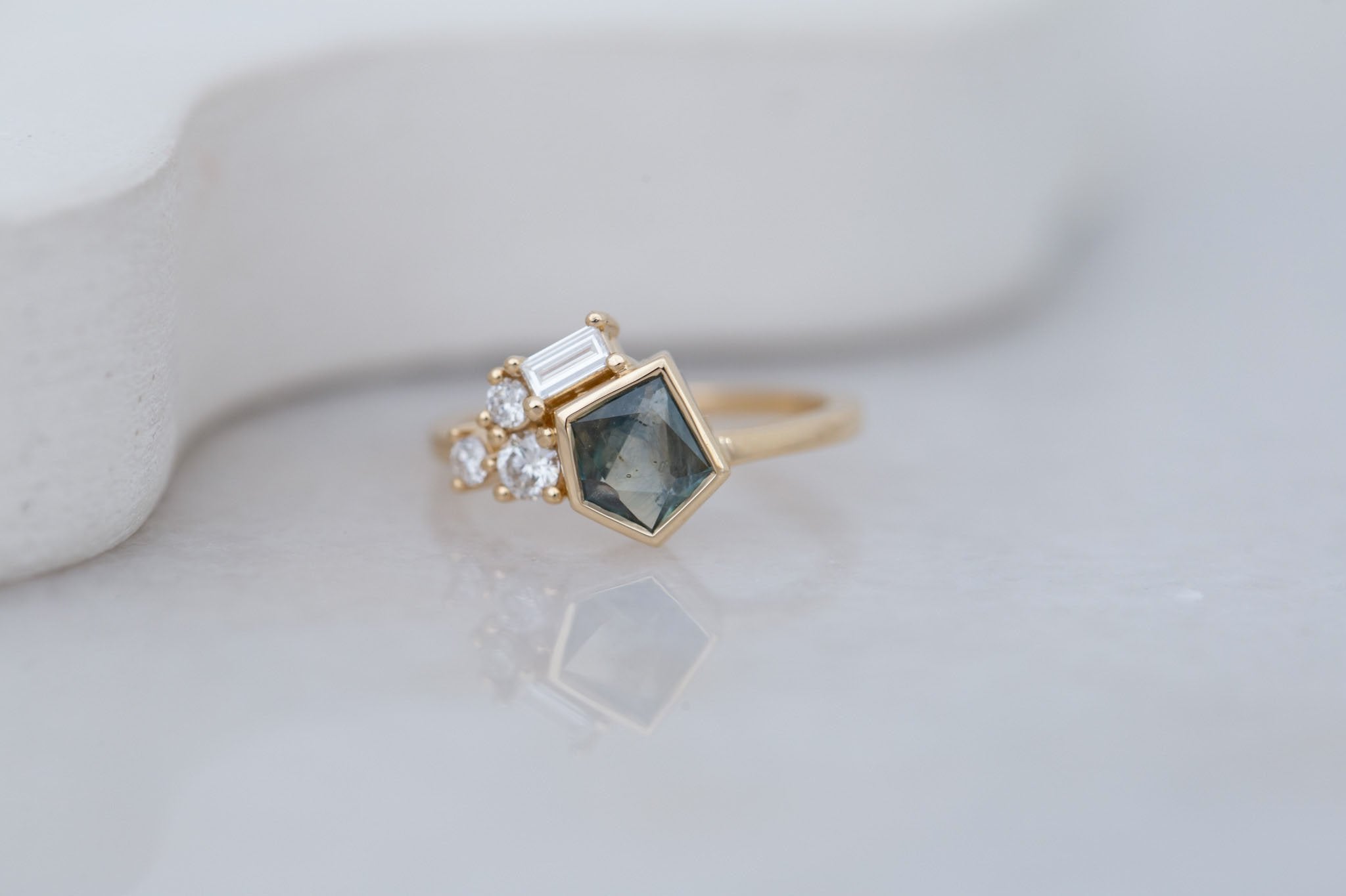 Sarria Ring | Green Geocut Montana Sapphire + Diamond Cluster Engagement Ring 1.00 ct | 14k Recycled Gold | One of a Kind