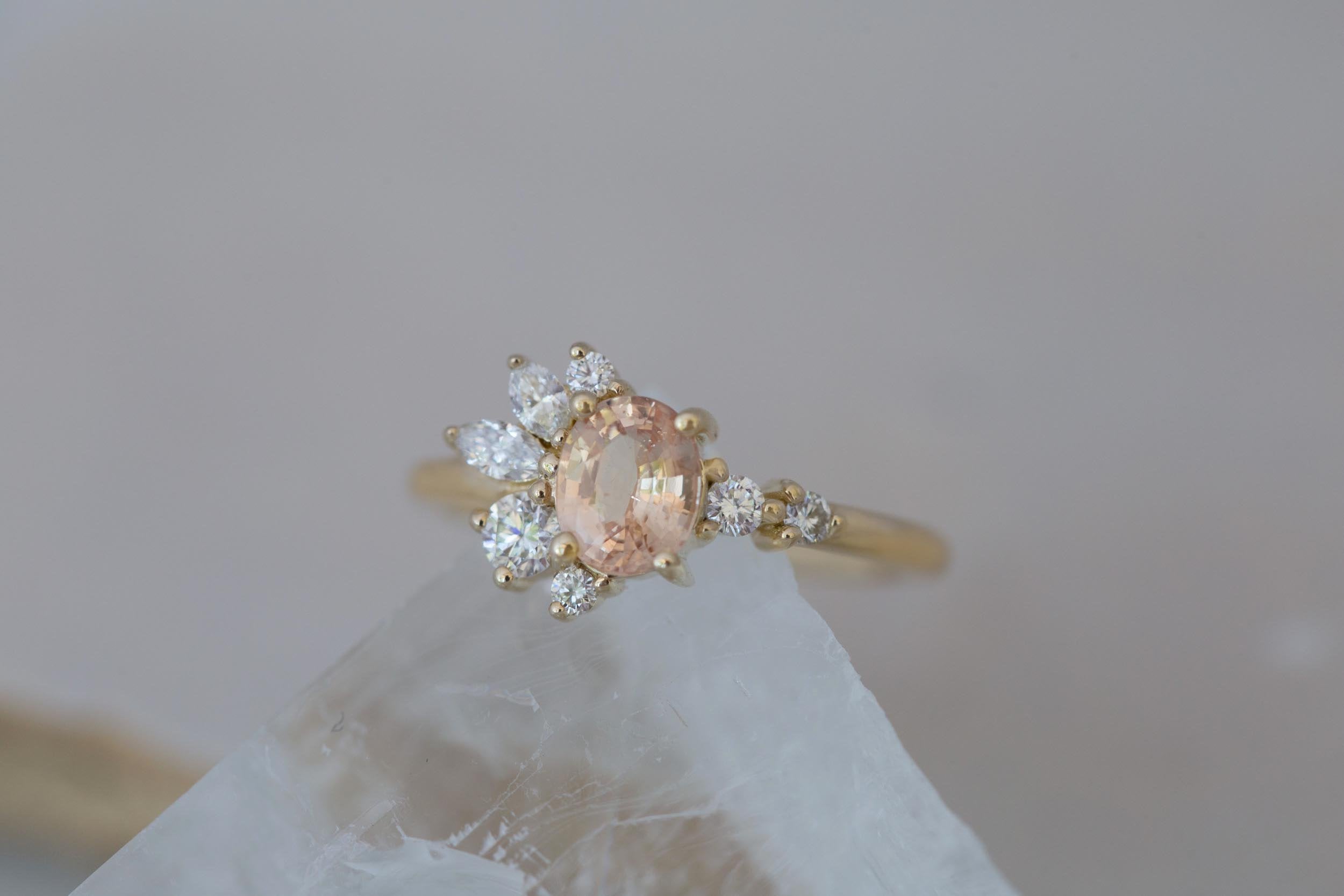 Ambretta Ring | Peach Oval Sapphire + Diamond Cluster Engagement Ring 1 ct | 14k Recycled Gold | One of a Kind