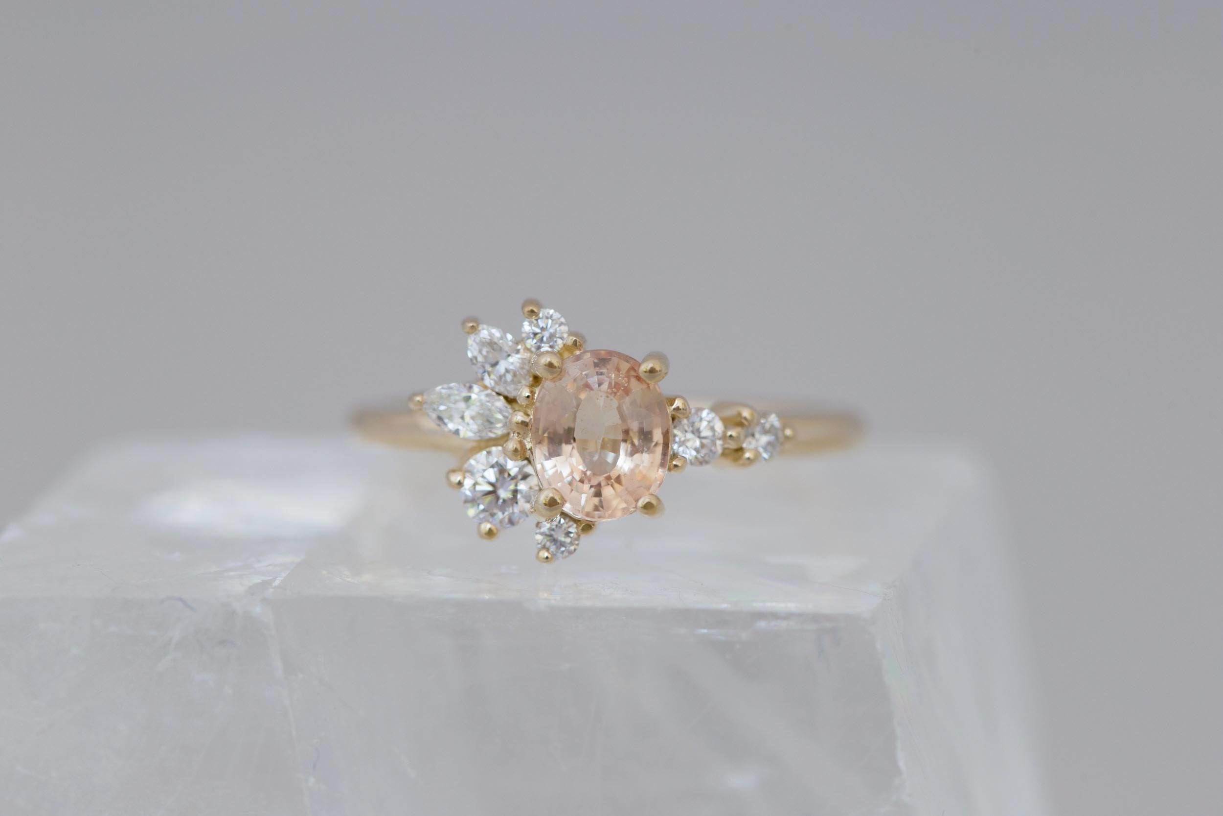 Ambretta Ring | Peach Oval Sapphire + Diamond Cluster Engagement Ring 1 ct | 14k Recycled Gold | One of a Kind