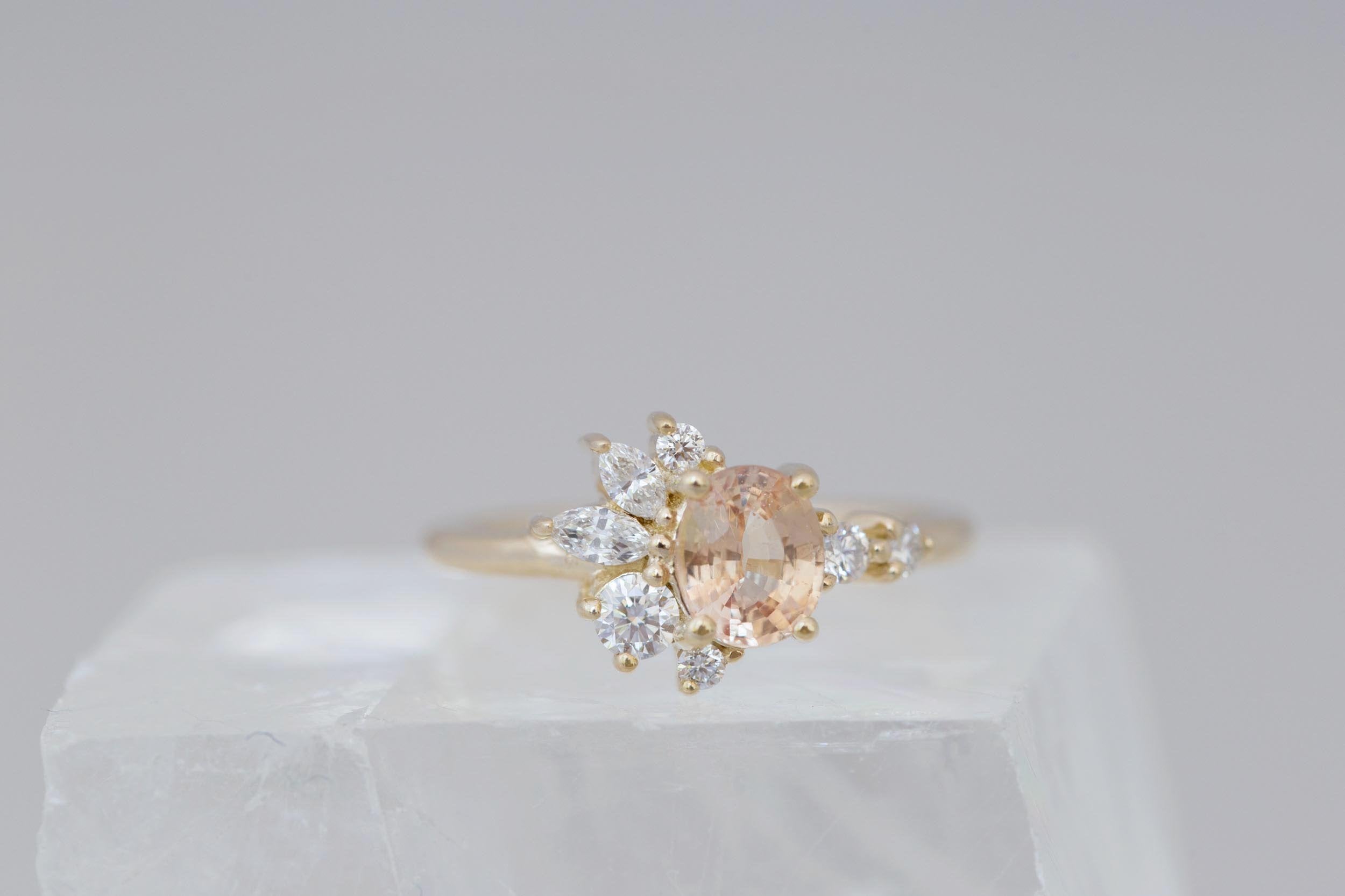 Ambretta Ring | Peach Oval Sapphire + Diamond Cluster Engagement Ring 1 ct | 14k Recycled Gold | One of a Kind