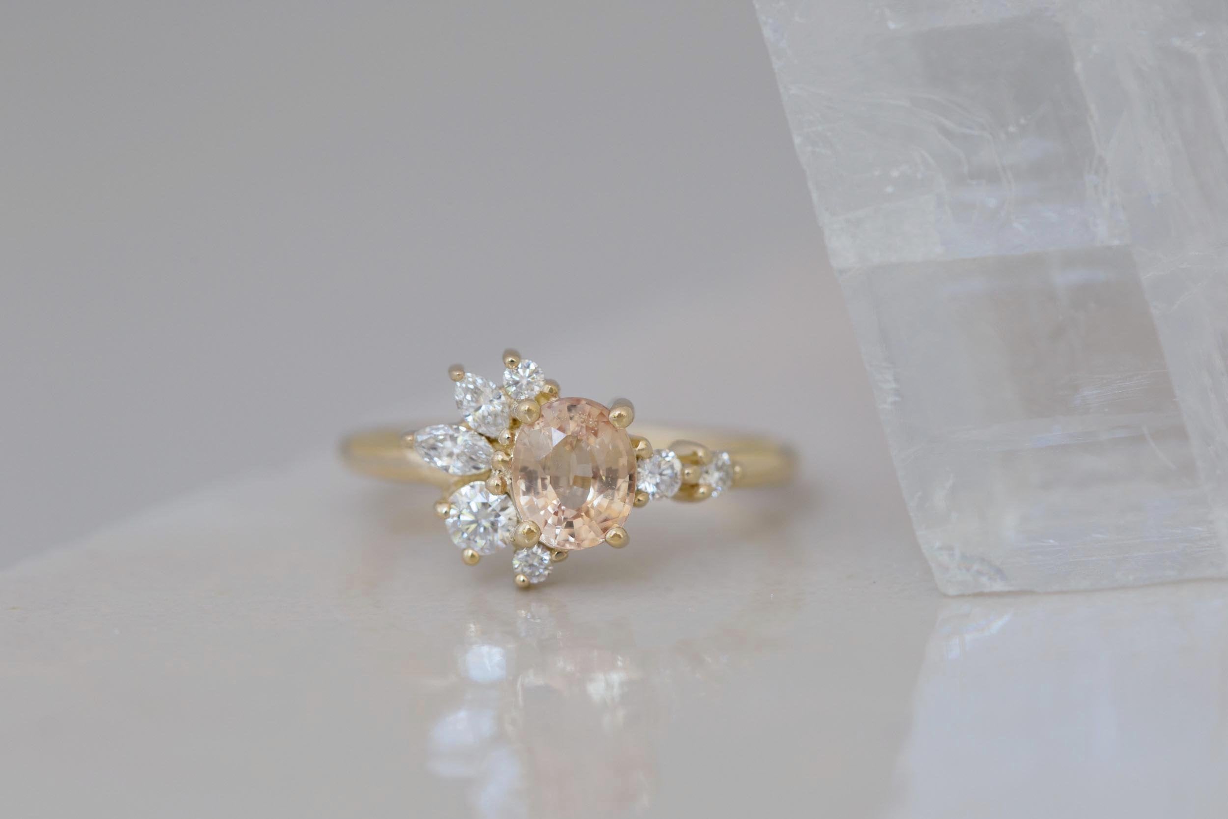 Ambretta Ring | Peach Oval Sapphire + Diamond Cluster Engagement Ring 1 ct | 14k Recycled Gold | One of a Kind