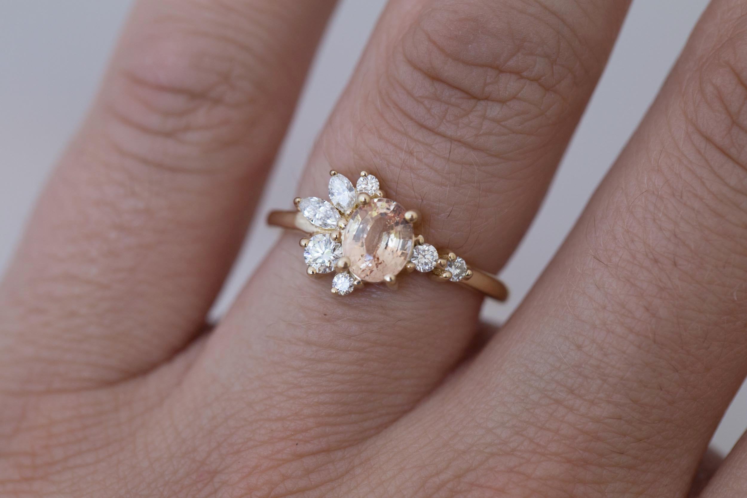 Ambretta Ring | Peach Oval Sapphire + Diamond Cluster Engagement Ring 1 ct | 14k Recycled Gold | One of a Kind
