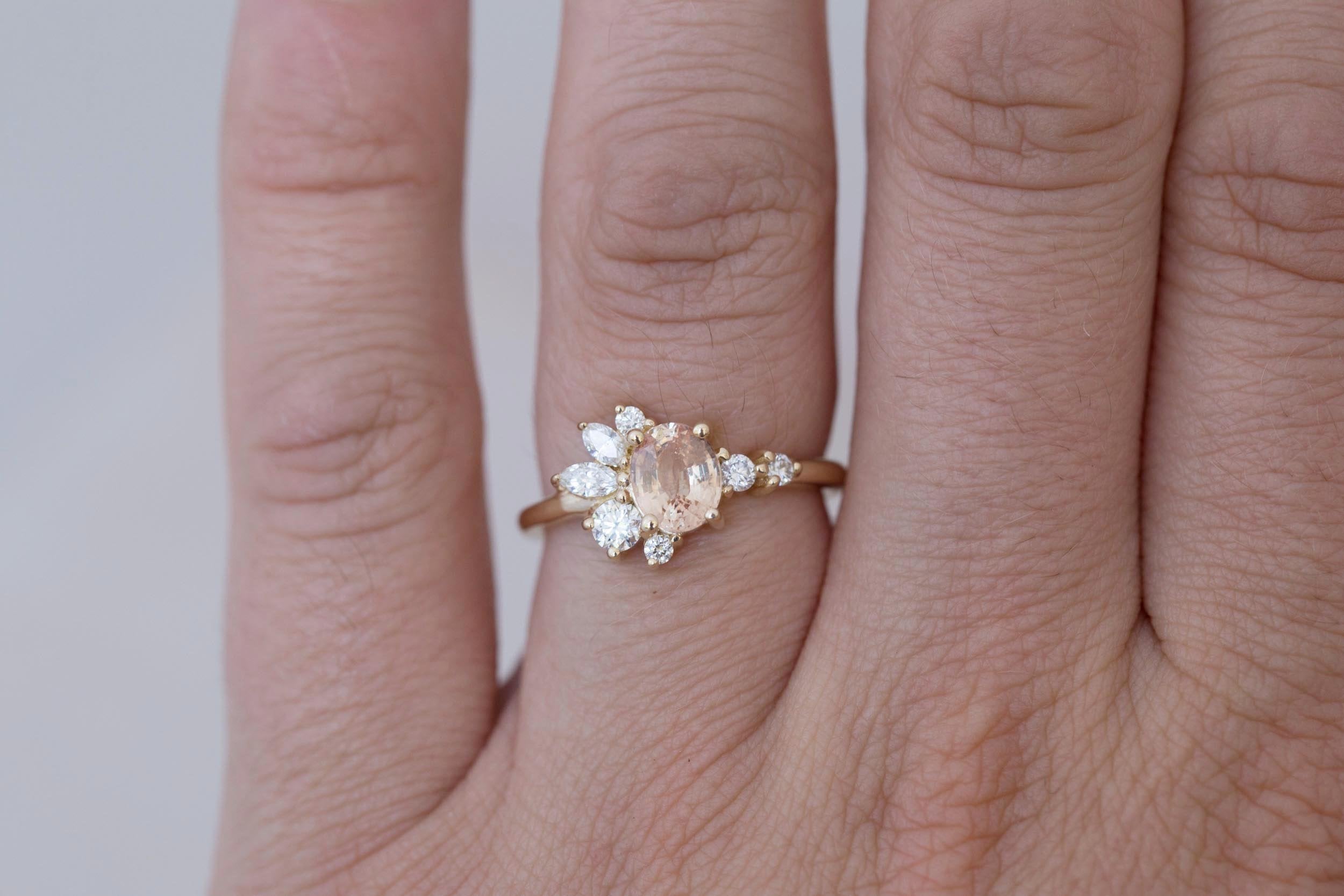 Ambretta Ring | Peach Oval Sapphire + Diamond Cluster Engagement Ring 1 ct | 14k Recycled Gold | One of a Kind