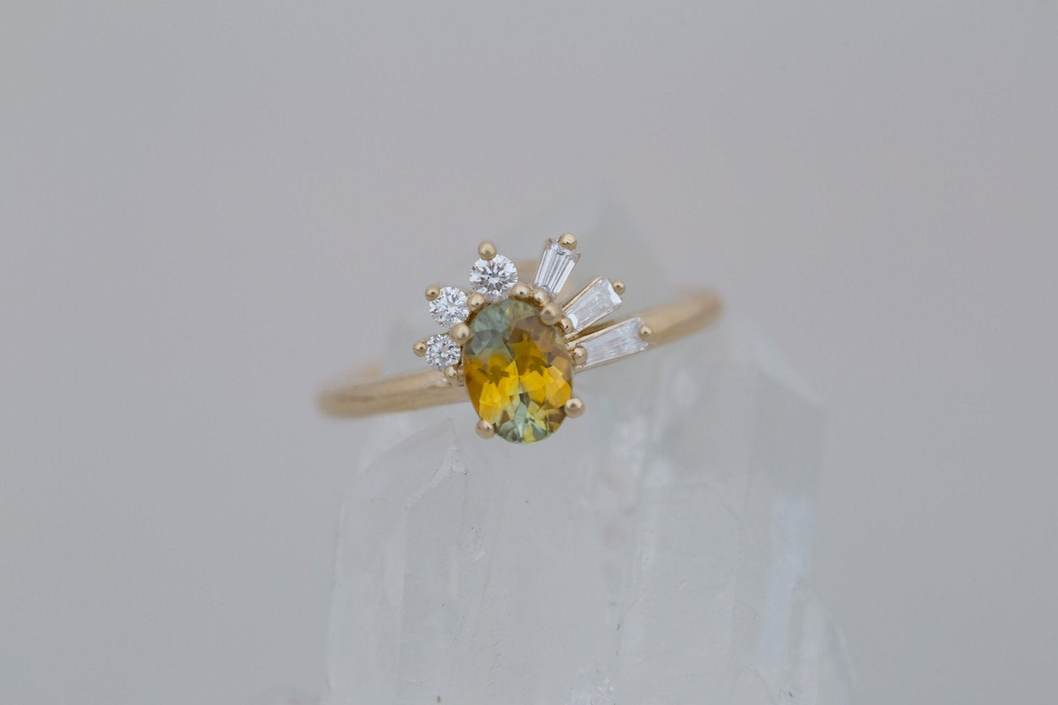 Sol Ring | Bicolor Montana Sapphire + Baguette and Round Diamond Cluster Engagement Ring 1.00 ct | 14k Recycled Gold | One of a Kind