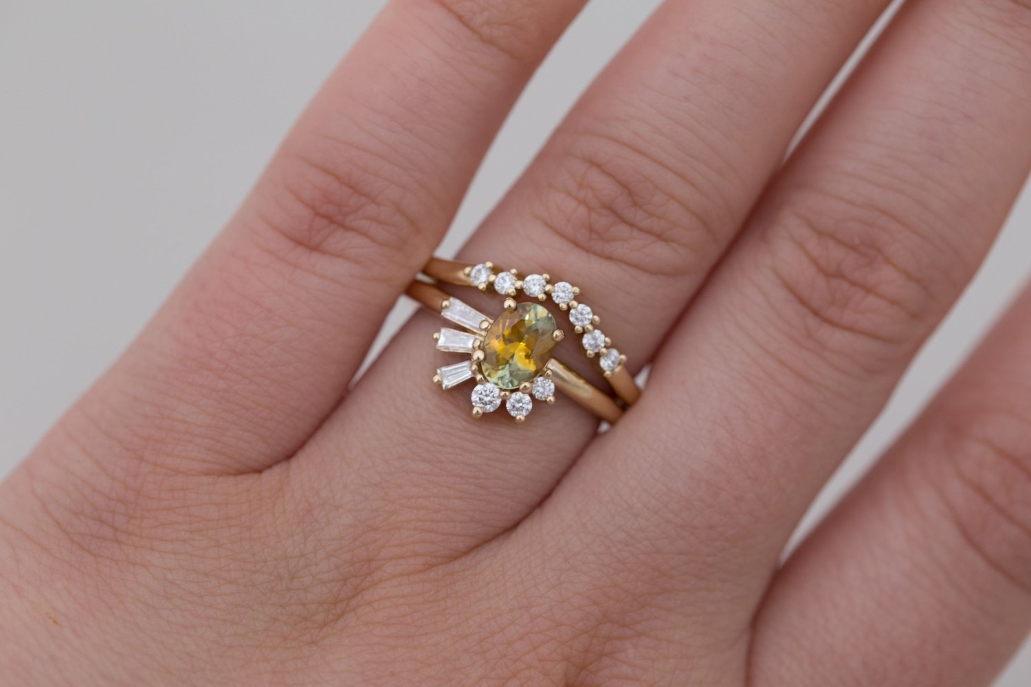 Sol Ring | Bicolor Montana Sapphire + Baguette and Round Diamond Cluster Engagement Ring 1.00 ct | 14k Recycled Gold | One of a Kind