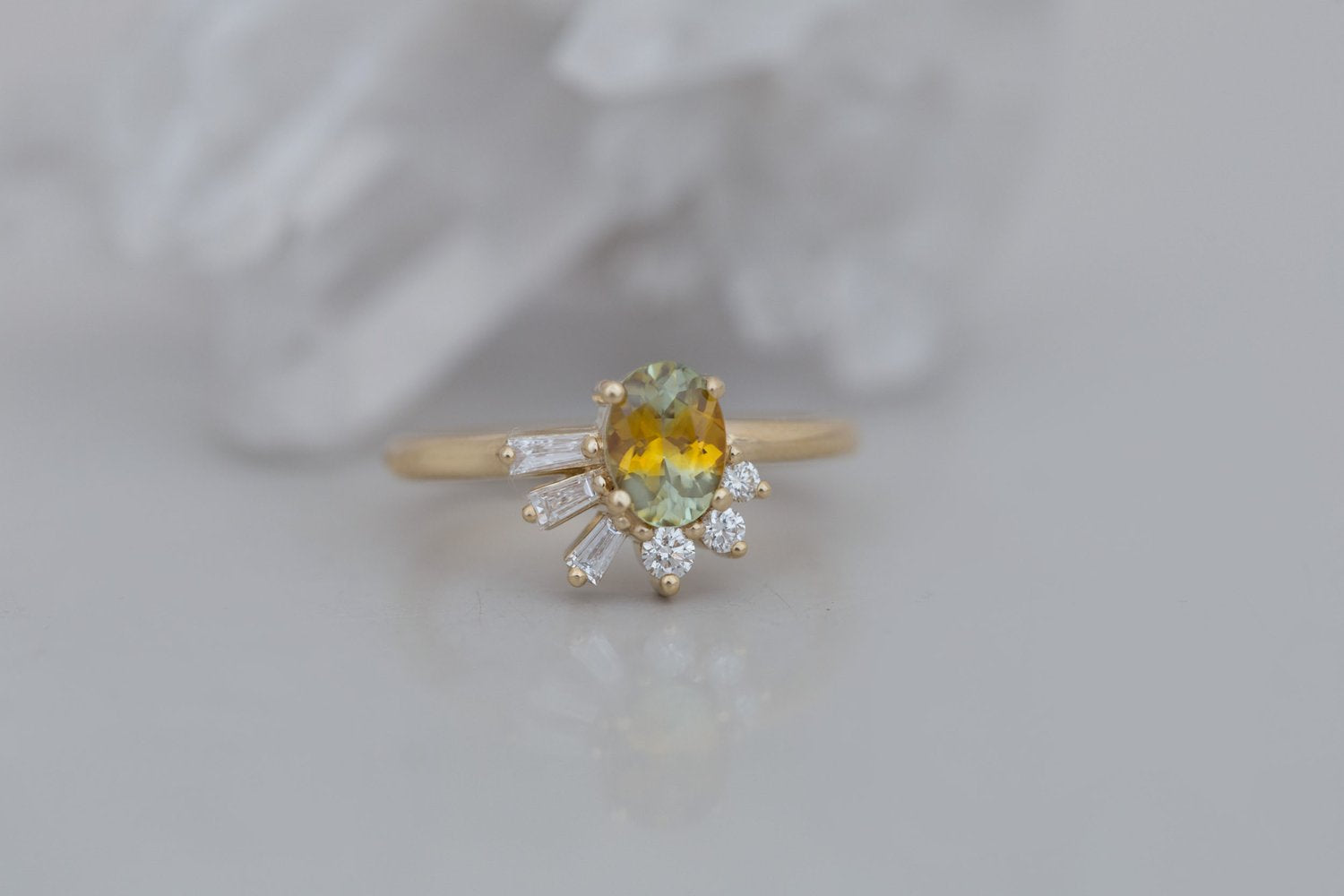 Sol Ring | Bicolor Montana Sapphire + Baguette and Round Diamond Cluster Engagement Ring 1.00 ct | 14k Recycled Gold | One of a Kind