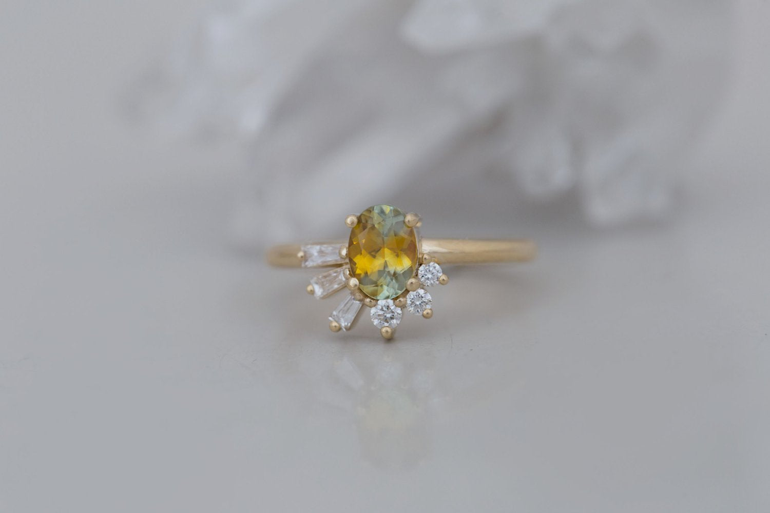Sol Ring | Bicolor Montana Sapphire + Baguette and Round Diamond Cluster Engagement Ring 1.00 ct | 14k Recycled Gold | One of a Kind