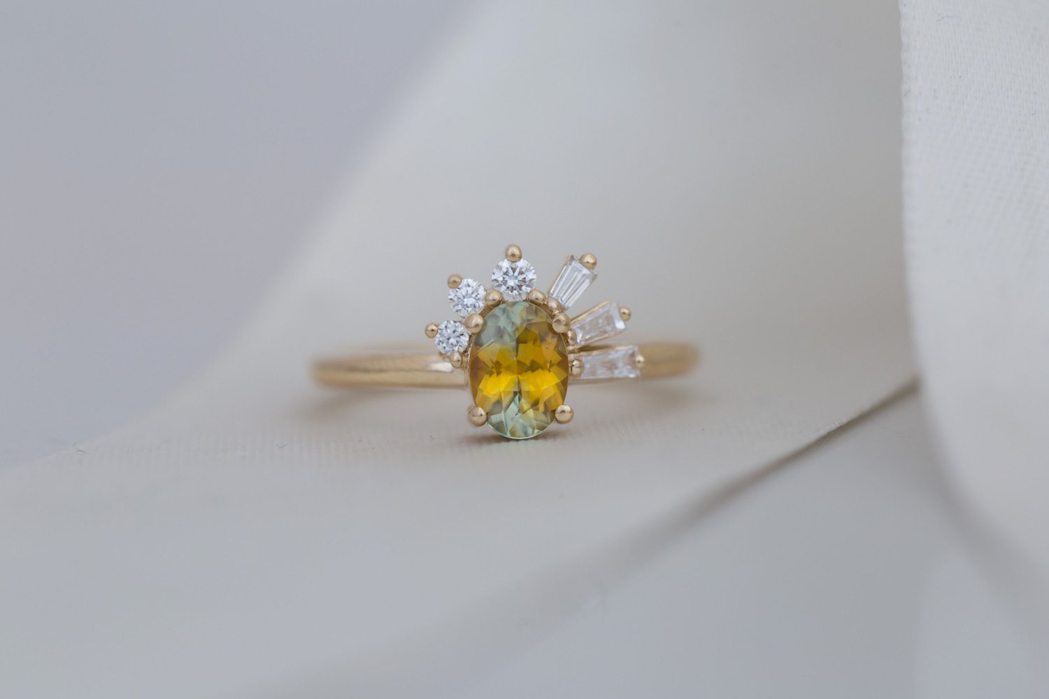 Sol Ring | Bicolor Montana Sapphire + Baguette and Round Diamond Cluster Engagement Ring 1.00 ct | 14k Recycled Gold | One of a Kind