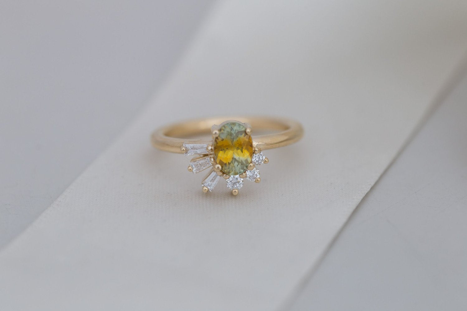 Sol Ring | Bicolor Montana Sapphire + Baguette and Round Diamond Cluster Engagement Ring 1.00 ct | 14k Recycled Gold | One of a Kind