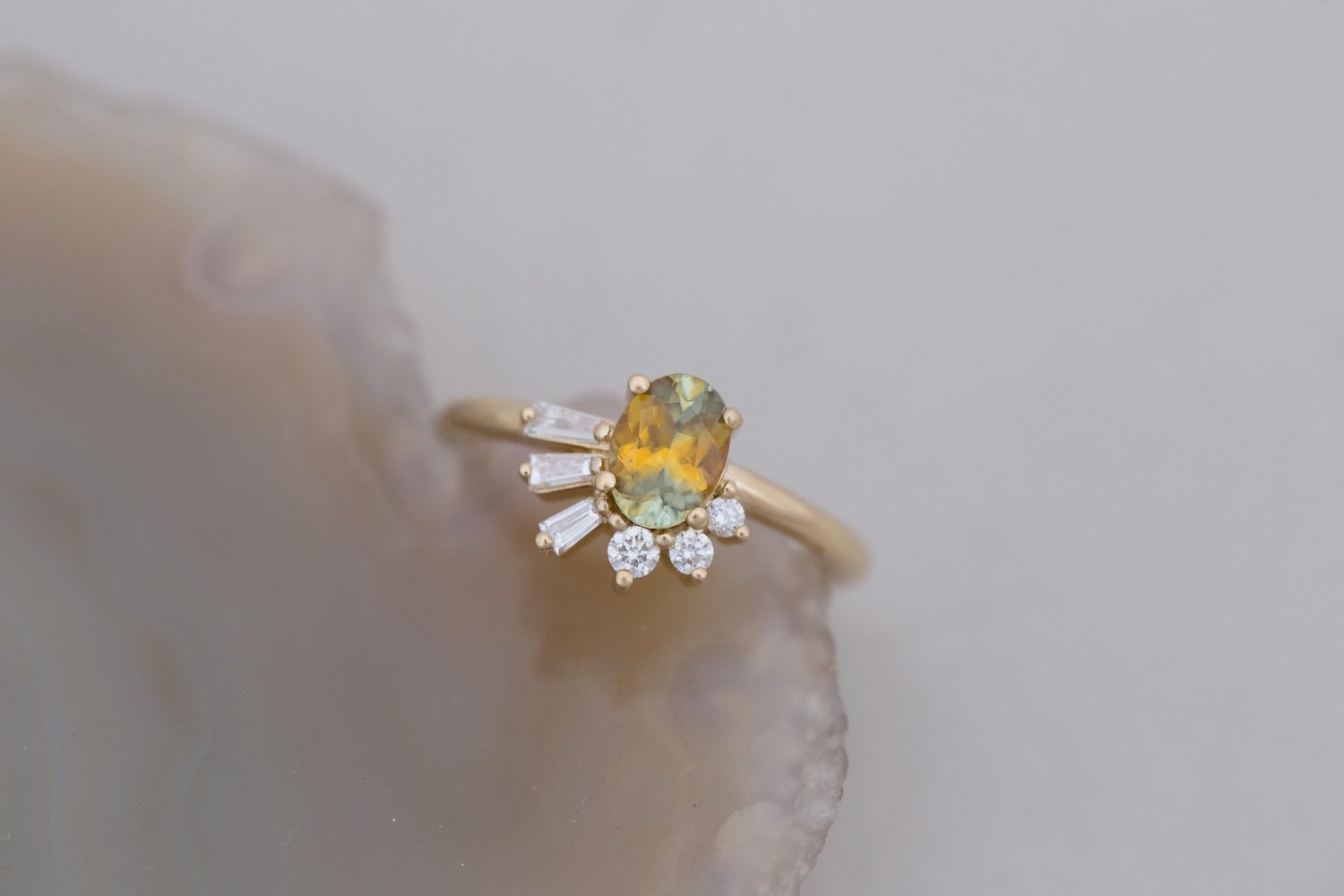 Sol Ring | Bicolor Montana Sapphire + Baguette and Round Diamond Cluster Engagement Ring 1.00 ct | 14k Recycled Gold | One of a Kind