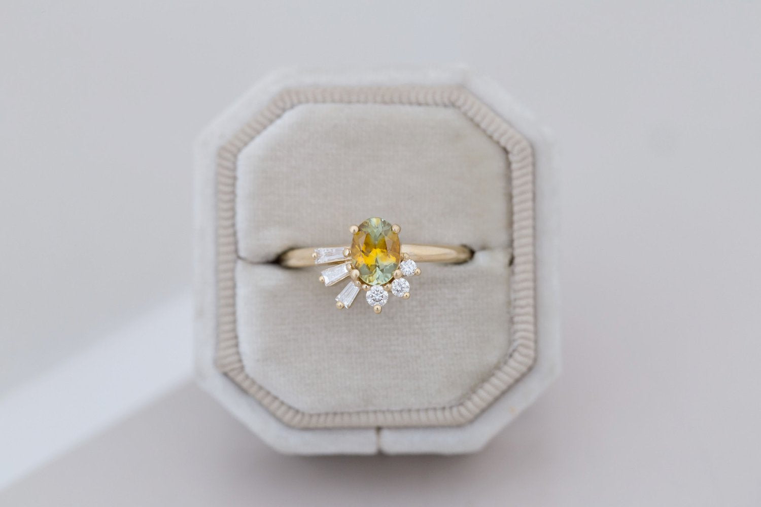 Sol Ring | Bicolor Montana Sapphire + Baguette and Round Diamond Cluster Engagement Ring 1.00 ct | 14k Recycled Gold | One of a Kind