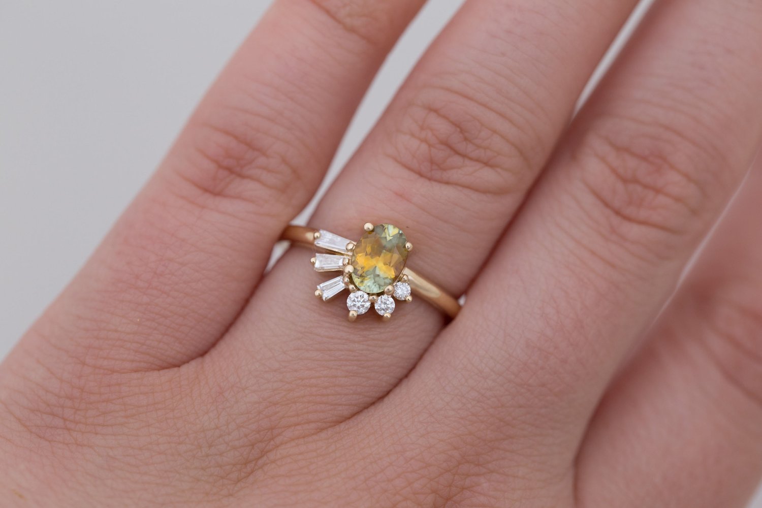 Sol Ring | Bicolor Montana Sapphire + Baguette and Round Diamond Cluster Engagement Ring 1.00 ct | 14k Recycled Gold | One of a Kind