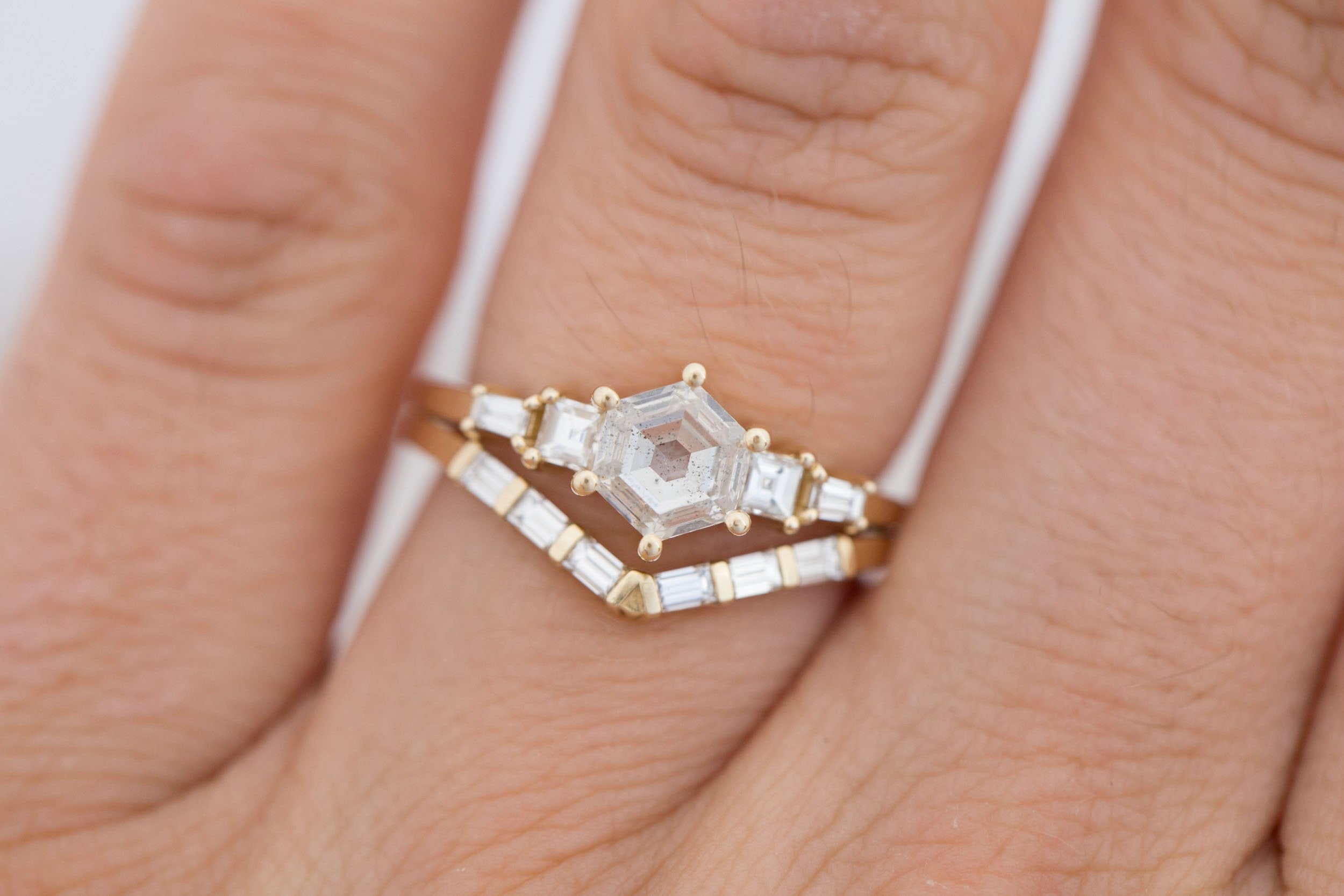 Mira Ring | Diamond Hexagon + Diamond Step Cut Accent Engagement Ring 1.00 ct | 14k Recycled Gold | One of a Kind