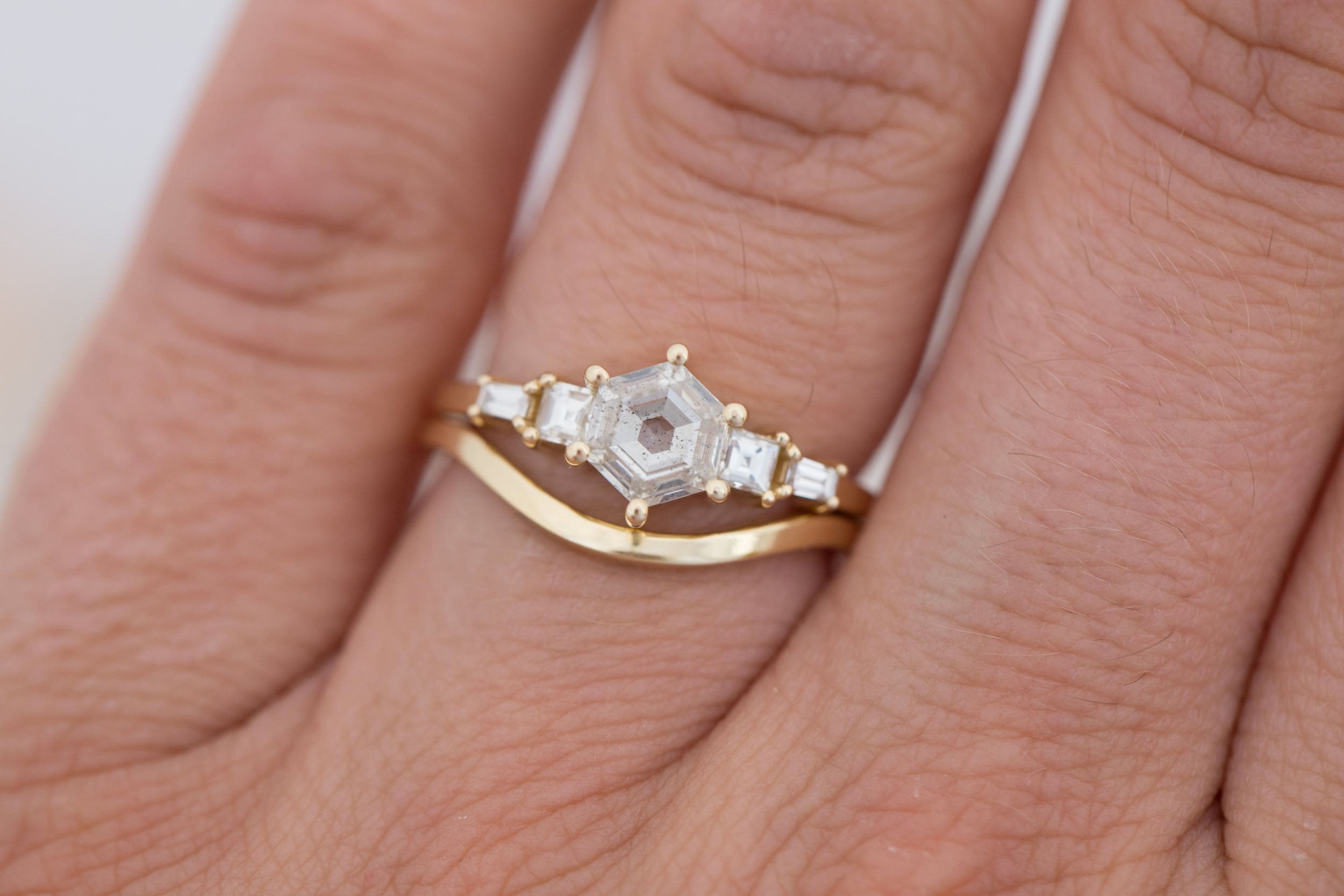 Mira Ring | Diamond Hexagon + Diamond Step Cut Accent Engagement Ring 1.00 ct | 14k Recycled Gold | One of a Kind