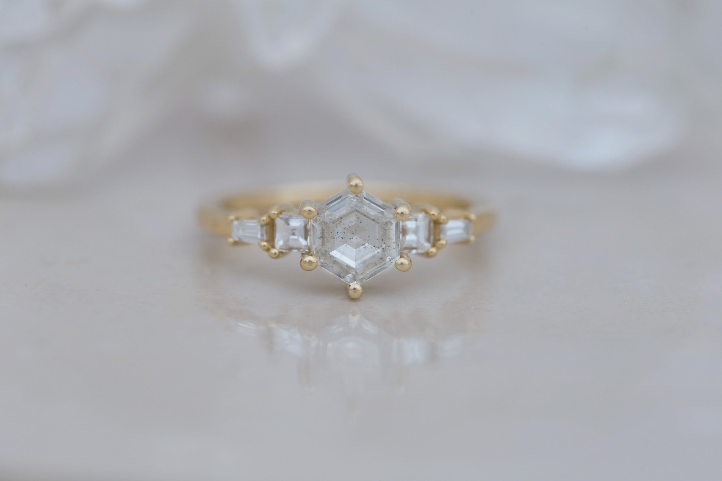 Mira Ring | Diamond Hexagon + Diamond Step Cut Accent Engagement Ring 1.00 ct | 14k Recycled Gold | One of a Kind