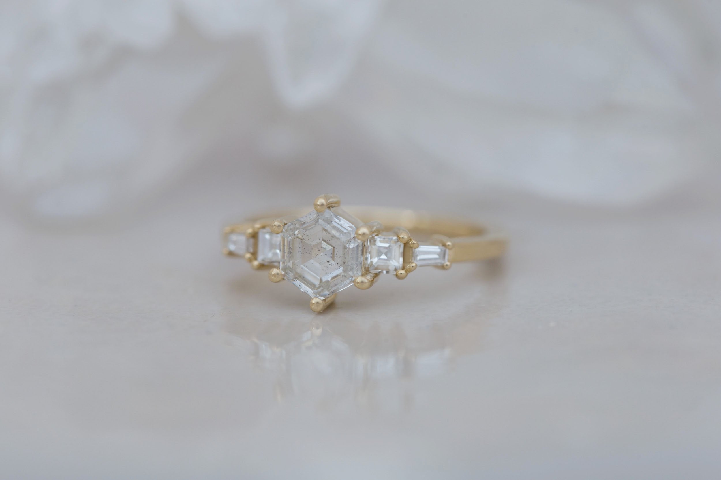 Mira Ring | Diamond Hexagon + Diamond Step Cut Accent Engagement Ring 1.00 ct | 14k Recycled Gold | One of a Kind