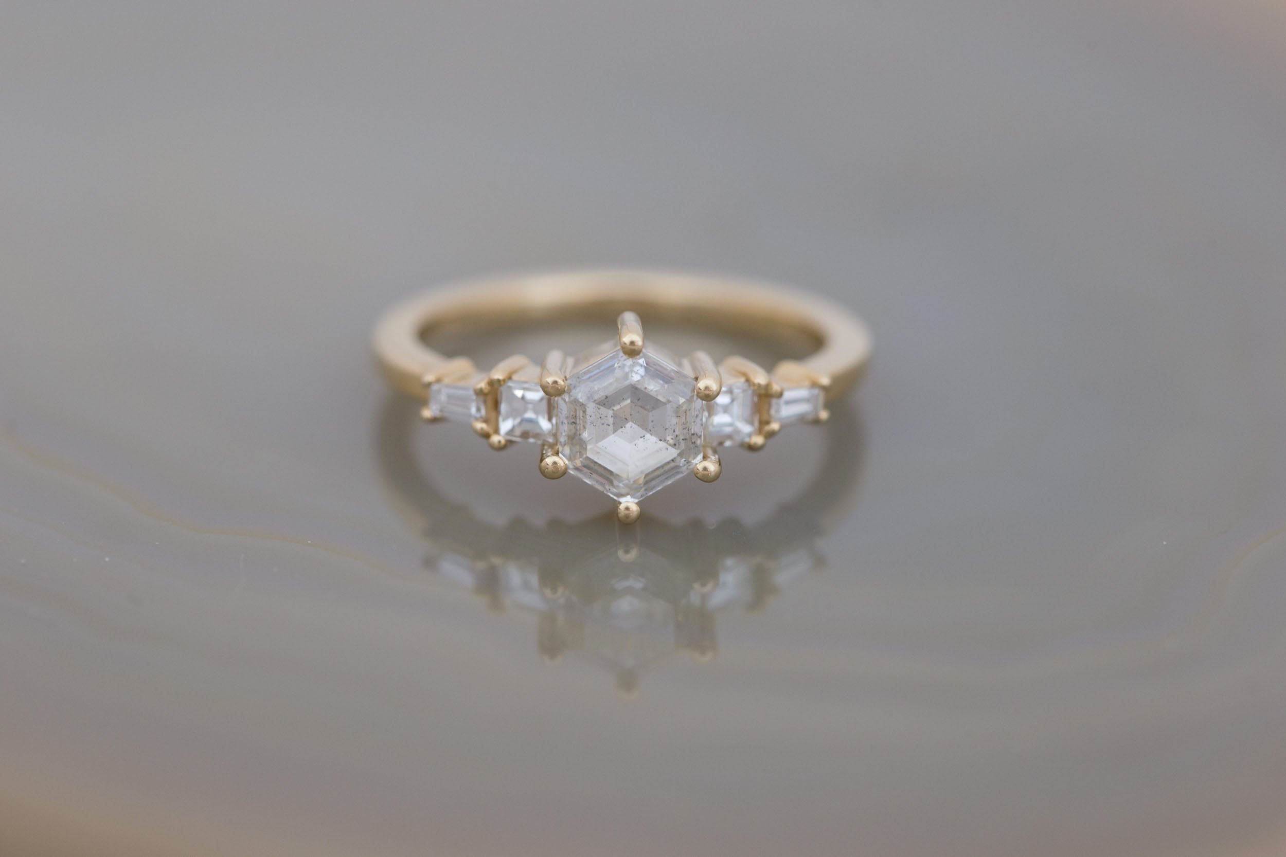 Mira Ring | Diamond Hexagon + Diamond Step Cut Accent Engagement Ring 1.00 ct | 14k Recycled Gold | One of a Kind