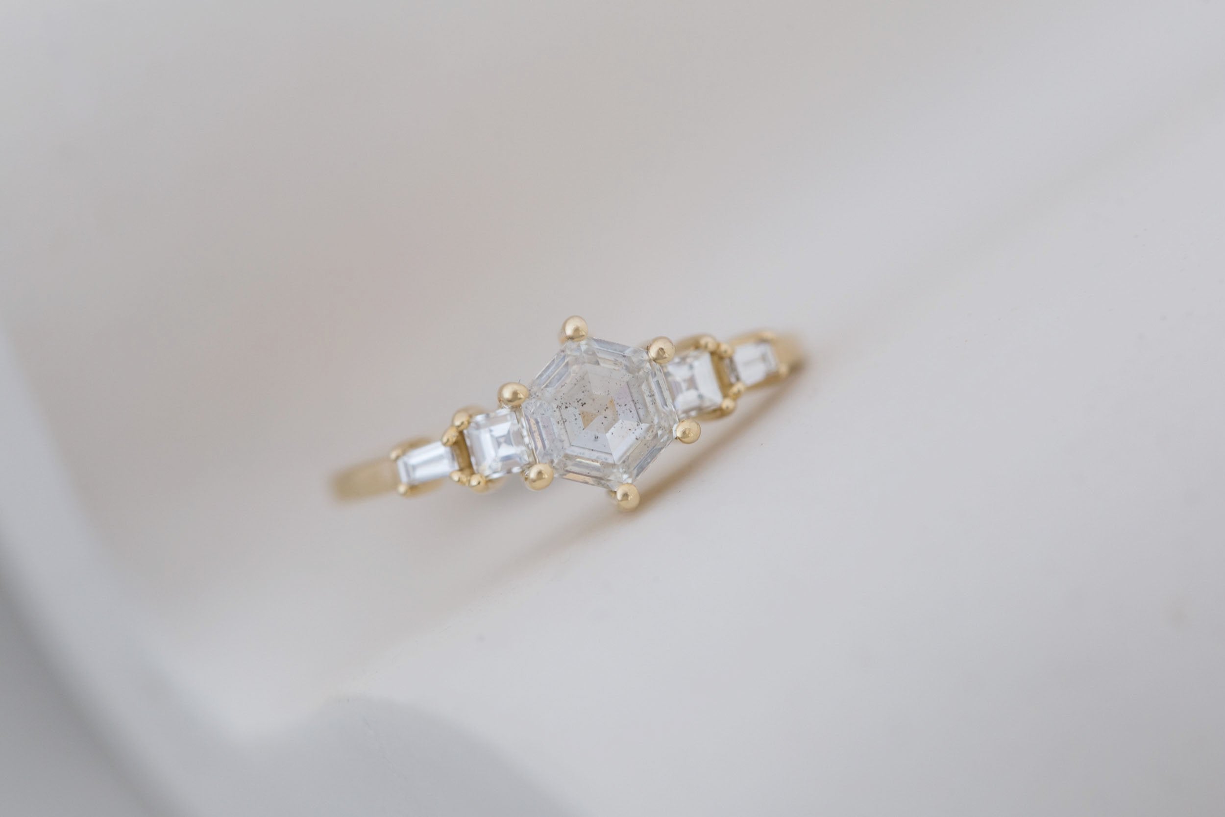 Mira Ring | Diamond Hexagon + Diamond Step Cut Accent Engagement Ring 1.00 ct | 14k Recycled Gold | One of a Kind