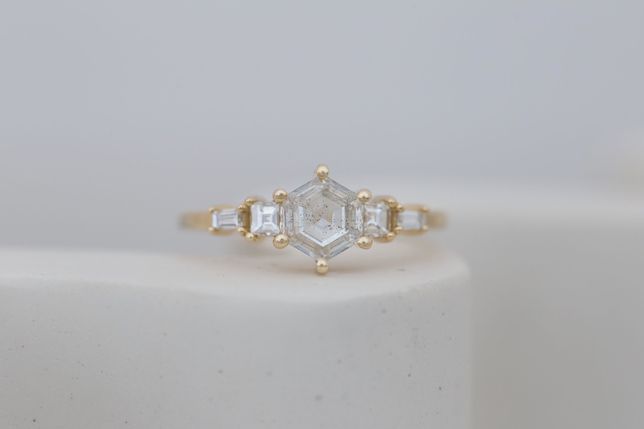 Mira Ring | Diamond Hexagon + Diamond Step Cut Accent Engagement Ring 1.00 ct | 14k Recycled Gold | One of a Kind