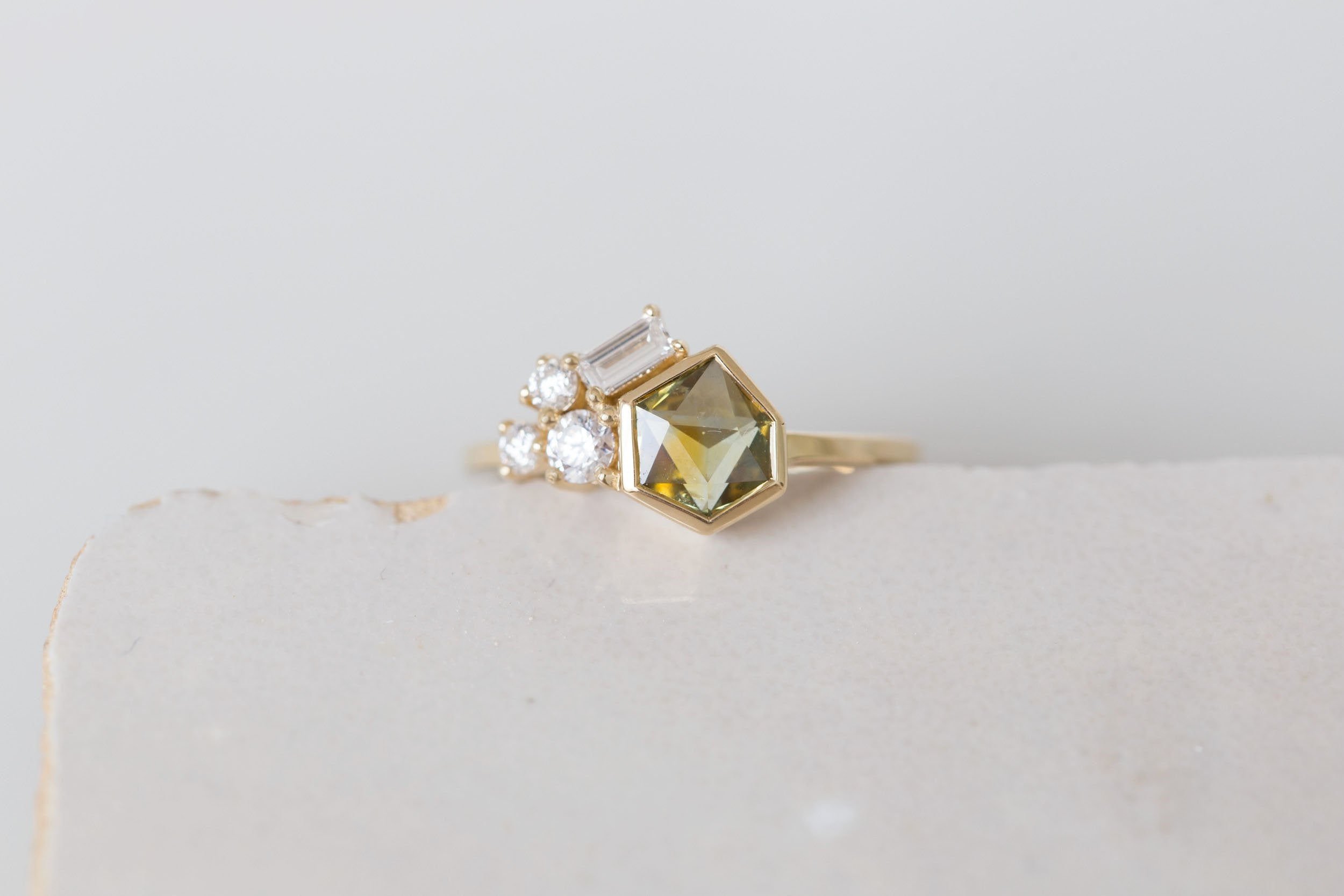 Sarria Ring | Yellow Green Geocut Sapphire + Diamond Cluster Engagement Ring 1 ct | 14k Recycled Gold | One of a Kind
