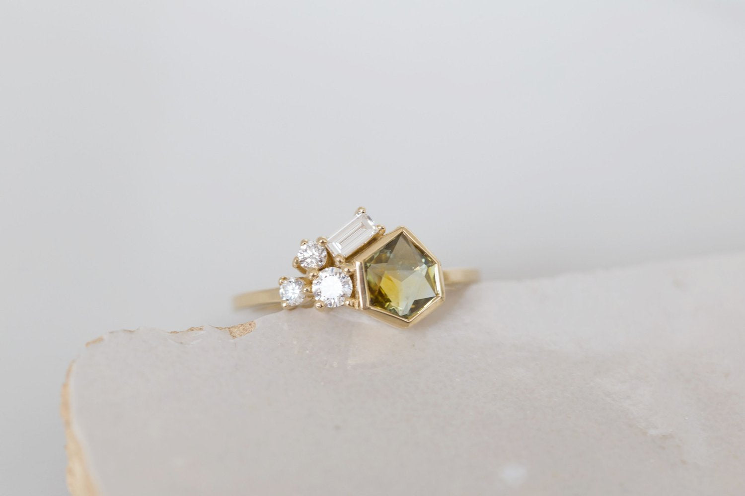 Sarria Ring | Yellow Green Geocut Sapphire + Diamond Cluster Engagement Ring 1 ct | 14k Recycled Gold | One of a Kind