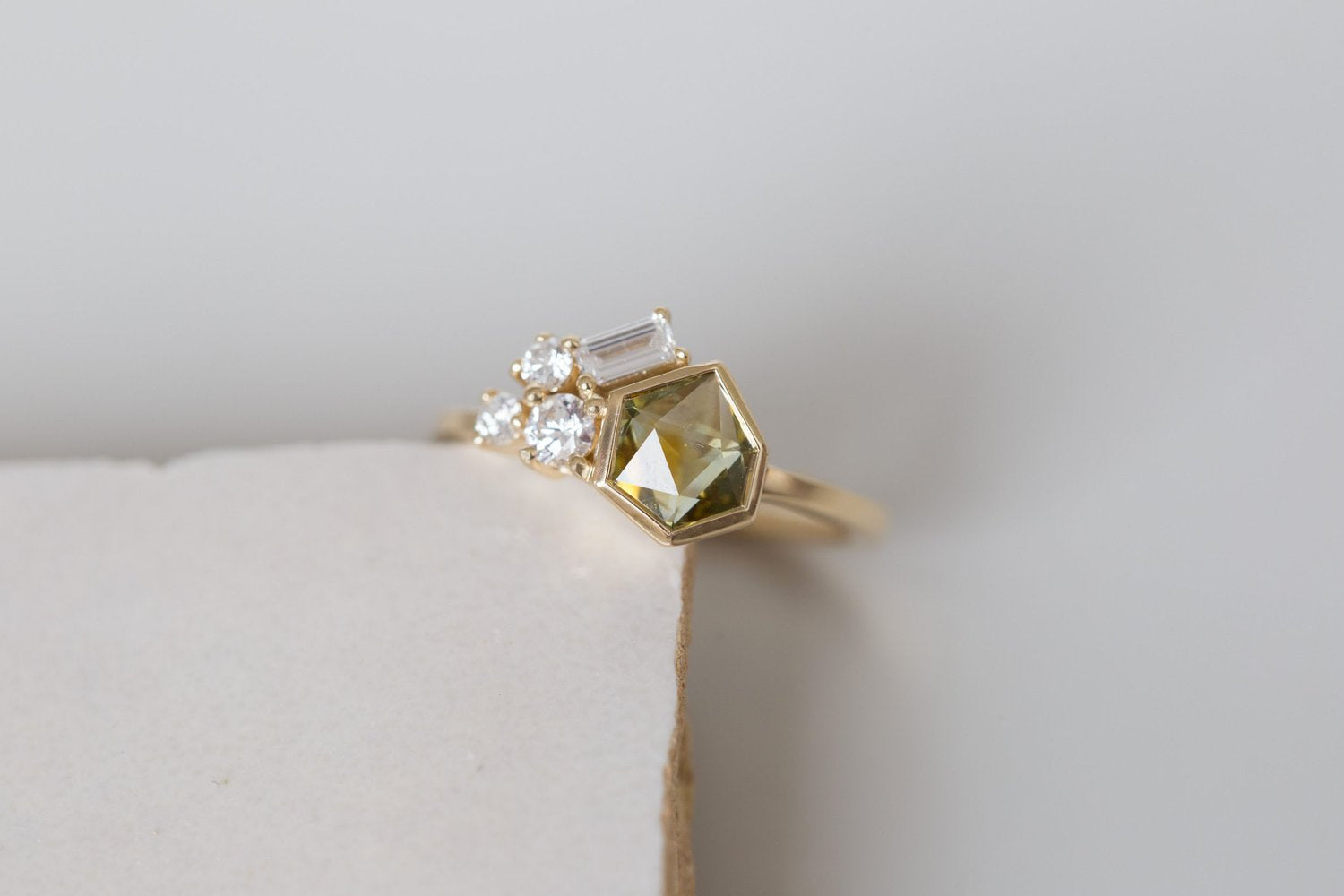 Sarria Ring | Yellow Green Geocut Sapphire + Diamond Cluster Engagement Ring 1 ct | 14k Recycled Gold | One of a Kind