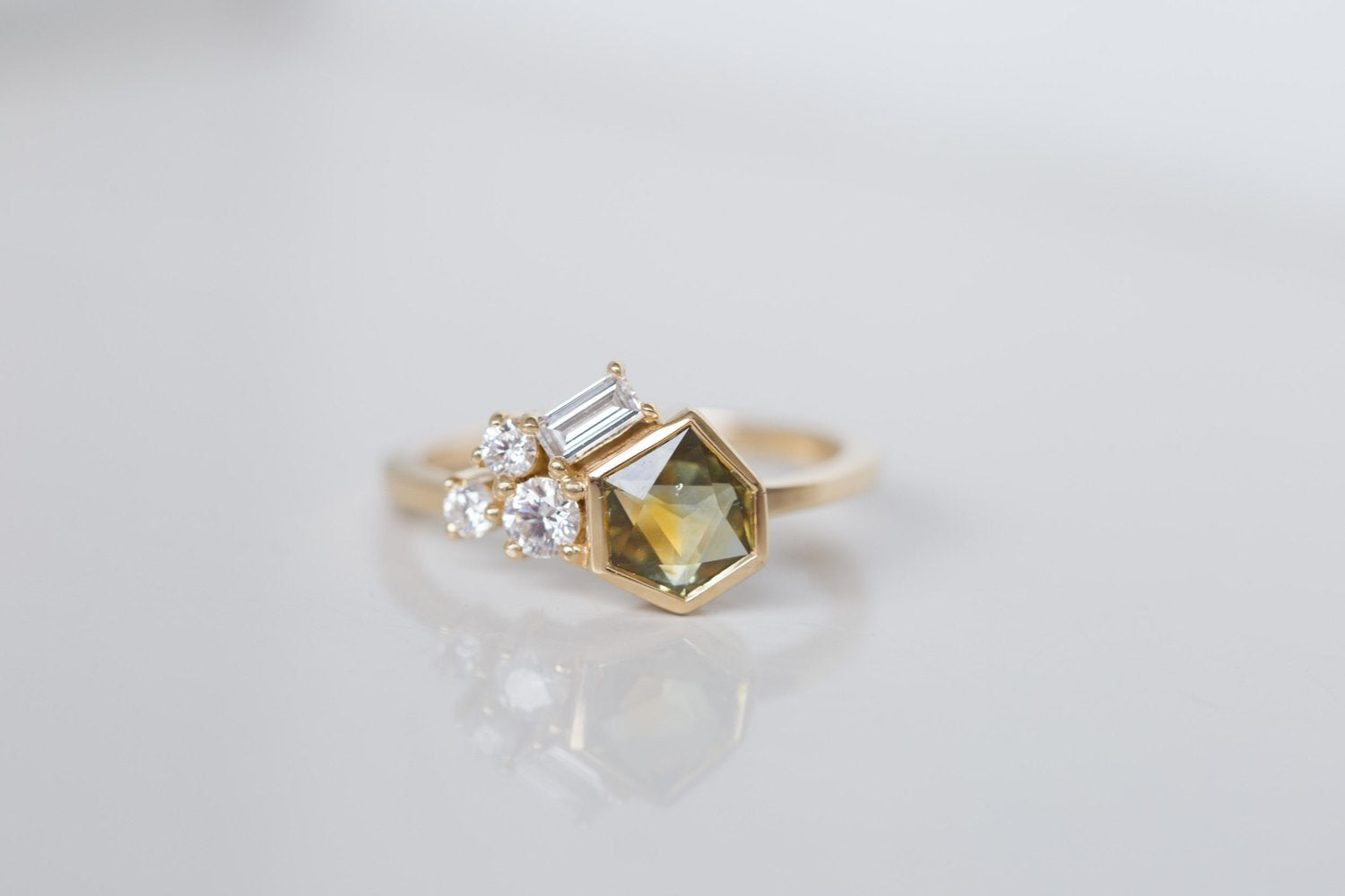 Sarria Ring | Yellow Green Geocut Sapphire + Diamond Cluster Engagement Ring 1 ct | 14k Recycled Gold | One of a Kind