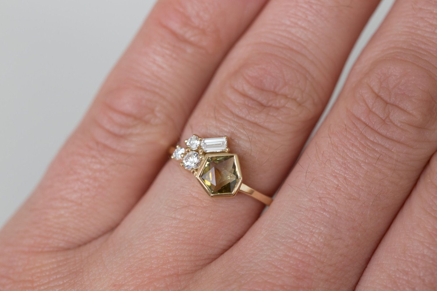Sarria Ring | Yellow Green Geocut Sapphire + Diamond Cluster Engagement Ring 1 ct | 14k Recycled Gold | One of a Kind