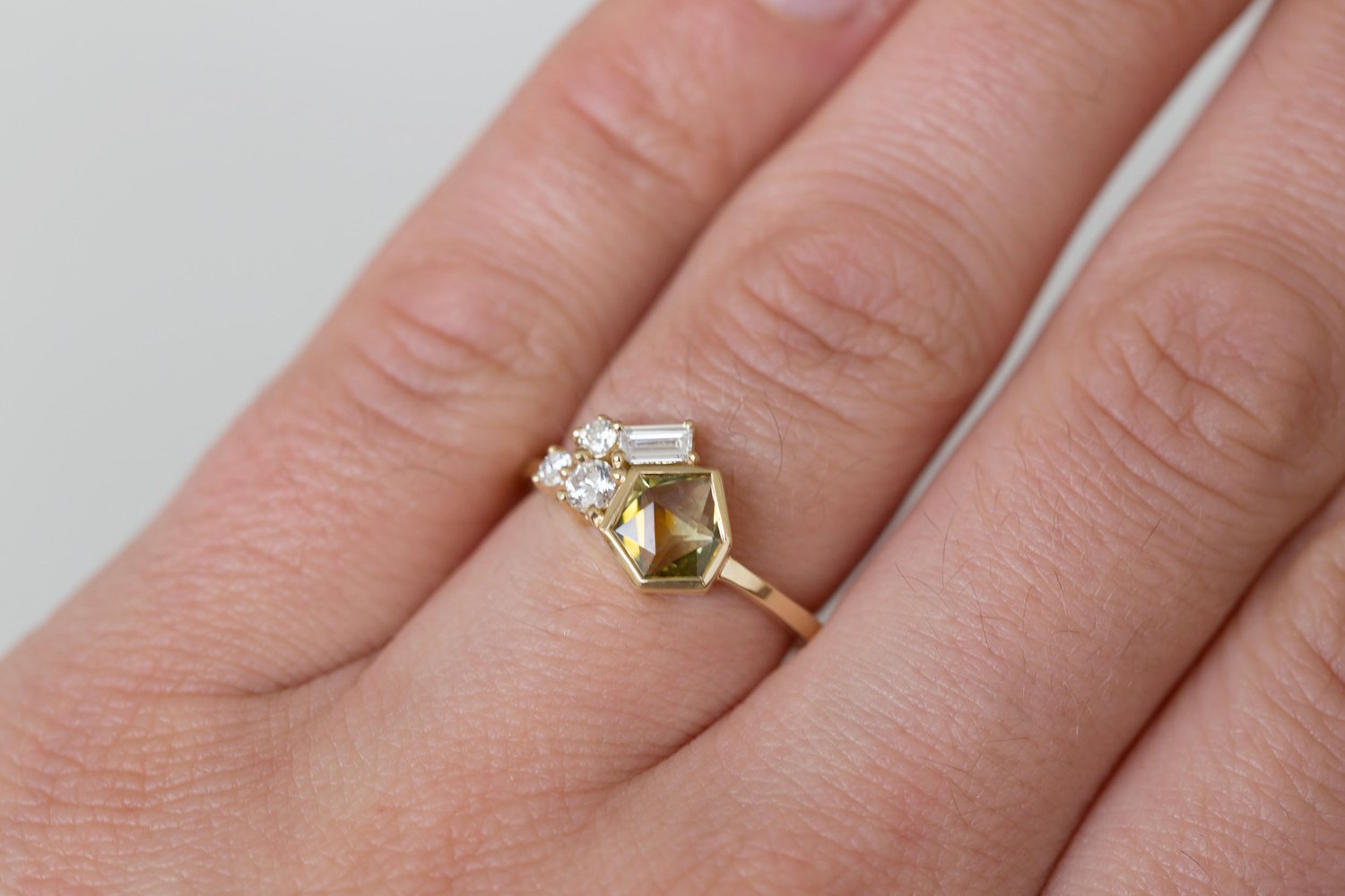 Sarria Ring | Yellow Green Geocut Sapphire + Diamond Cluster Engagement Ring 1 ct | 14k Recycled Gold | One of a Kind