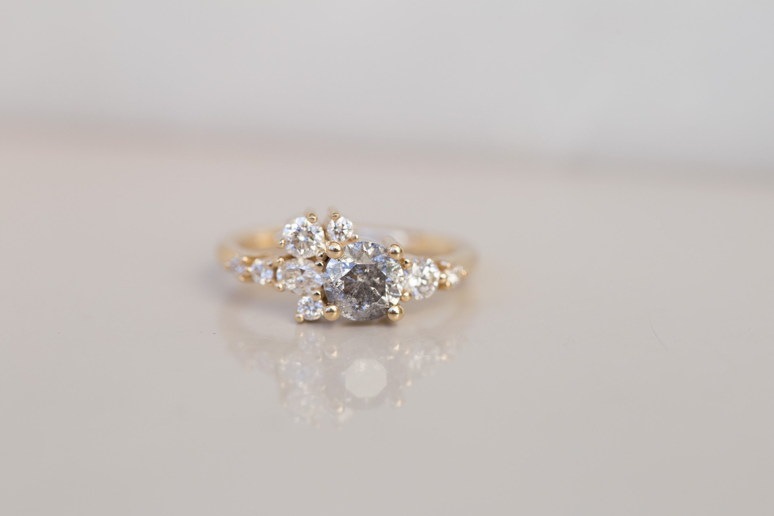 Ilia Ring | Salt and Pepper Diamond + Diamond Cluster Engagement Ring | 14k Recycled Gold | One of a Kind