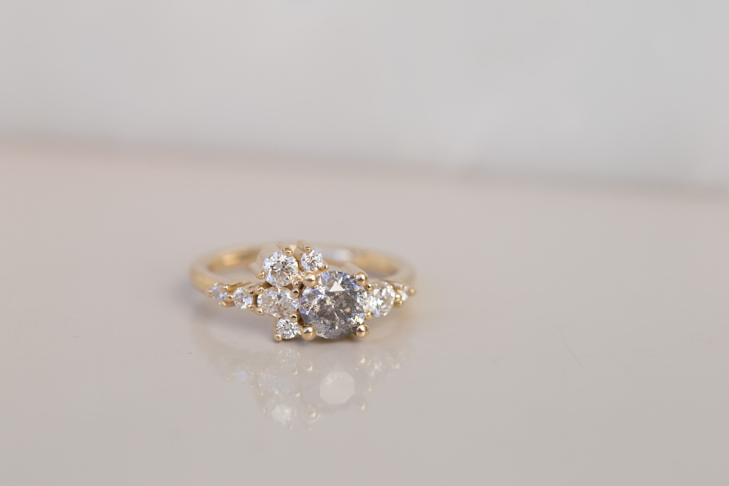 Ilia Ring | Salt and Pepper Diamond + Diamond Cluster Engagement Ring | 14k Recycled Gold | One of a Kind
