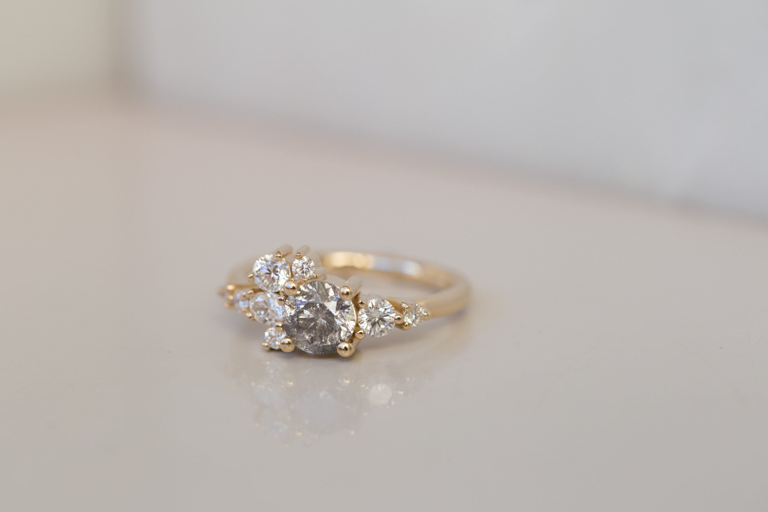 Ilia Ring | Salt and Pepper Diamond + Diamond Cluster Engagement Ring | 14k Recycled Gold | One of a Kind