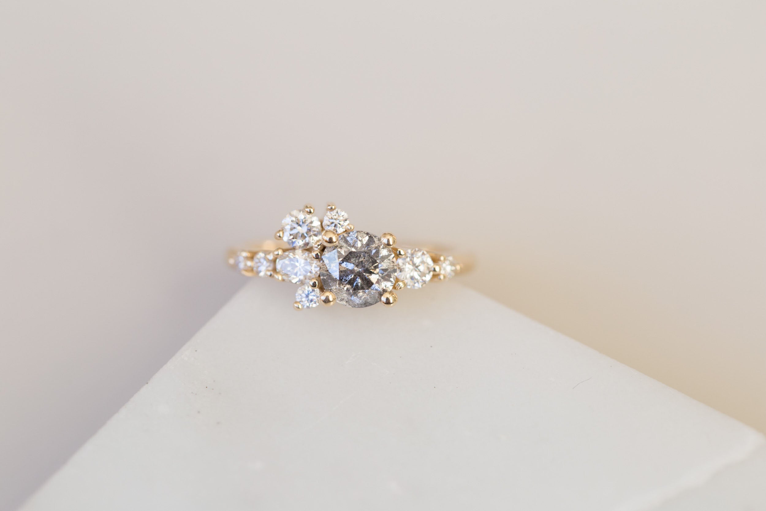 Ilia Ring | Salt and Pepper Diamond + Diamond Cluster Engagement Ring | 14k Recycled Gold | One of a Kind