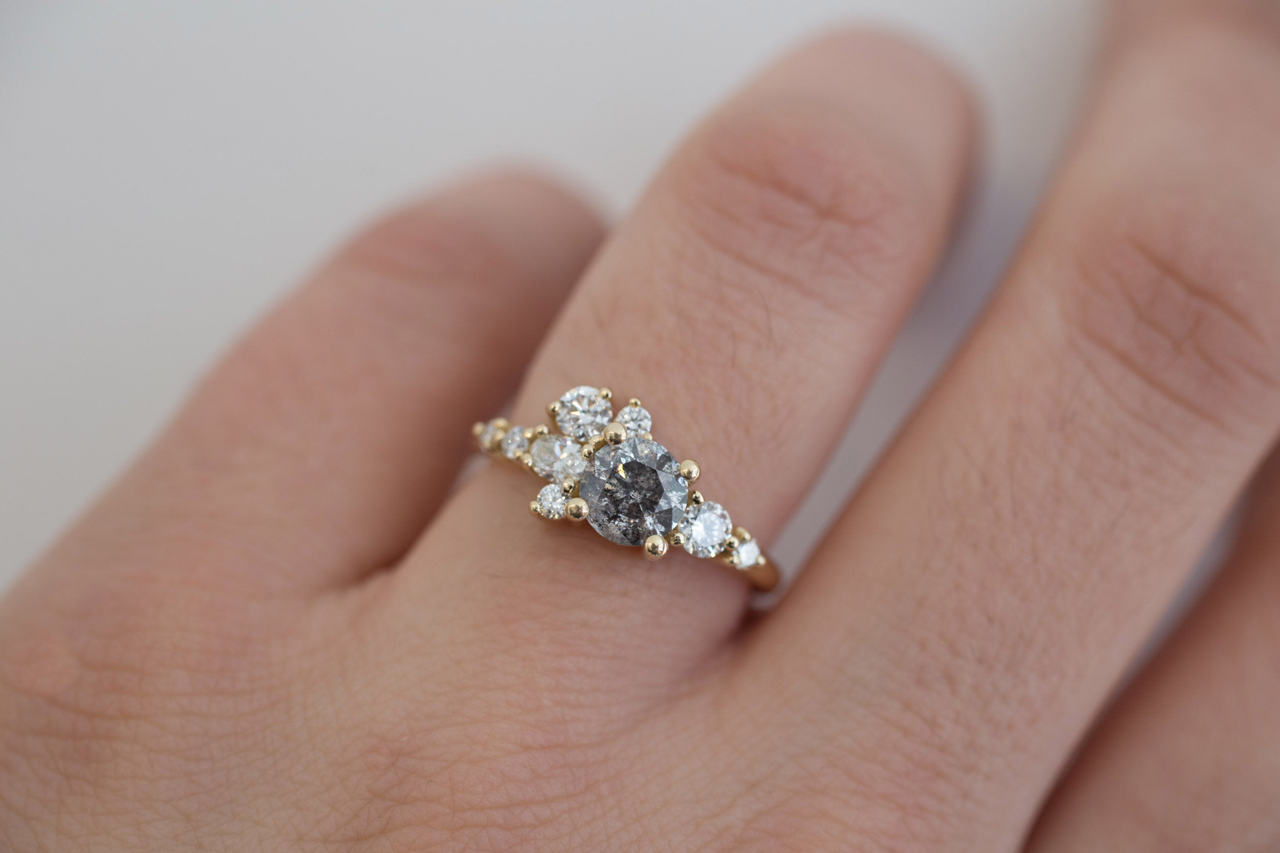 Ilia Ring | Salt and Pepper Diamond + Diamond Cluster Engagement Ring | 14k Recycled Gold | One of a Kind