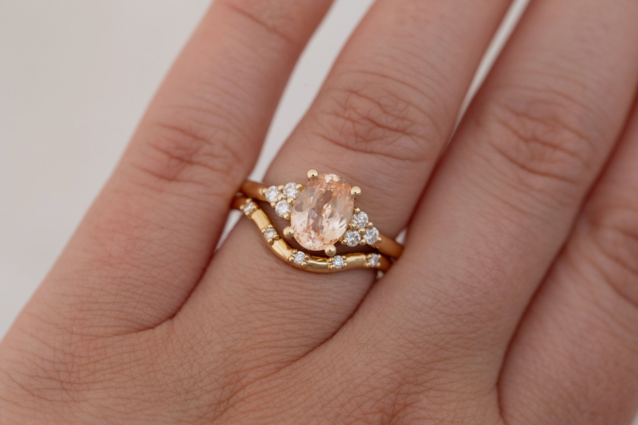 Verona Ring | Peach Oval Sapphire + Round Diamond Accents Engagement Ring 2.05 ct | 14k Recycled Gold | One of a Kind