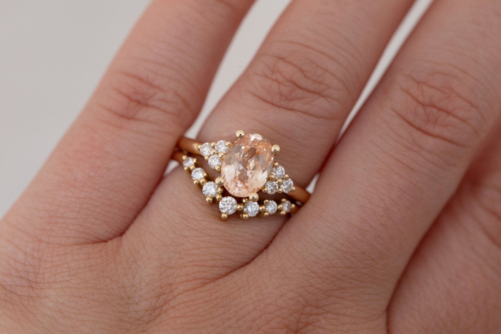 Verona Ring | Peach Oval Sapphire + Round Diamond Accents Engagement Ring 2.05 ct | 14k Recycled Gold | One of a Kind