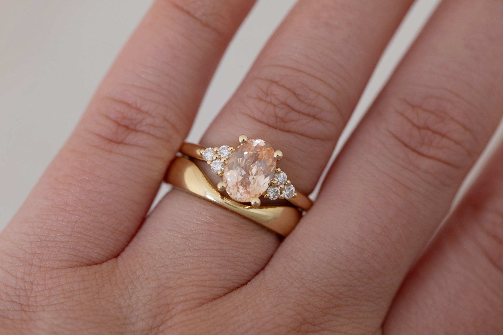 Verona Ring | Peach Oval Sapphire + Round Diamond Accents Engagement Ring 2.05 ct | 14k Recycled Gold | One of a Kind