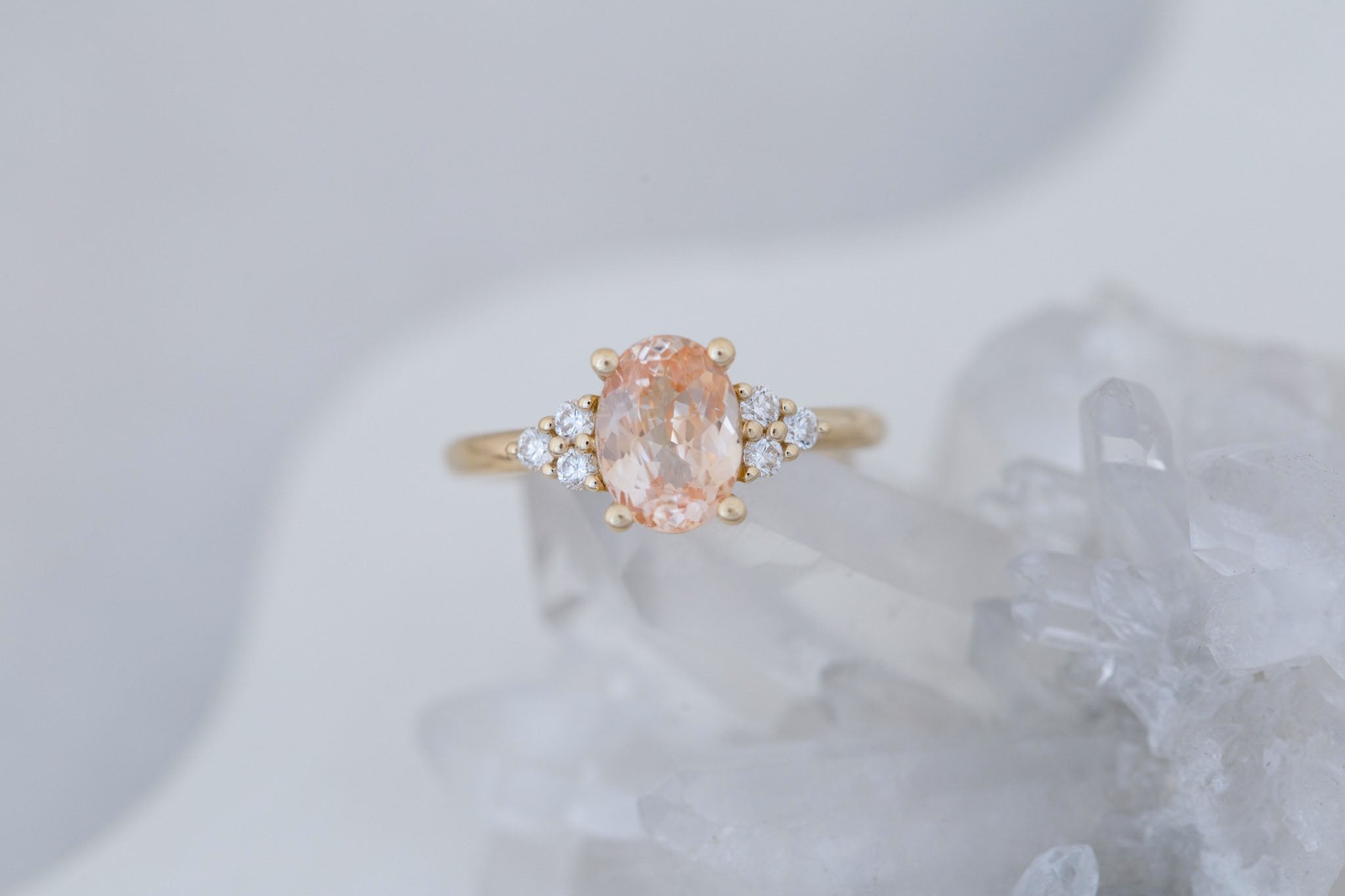 Verona Ring | Peach Oval Sapphire + Round Diamond Accents Engagement Ring 2.05 ct | 14k Recycled Gold | One of a Kind