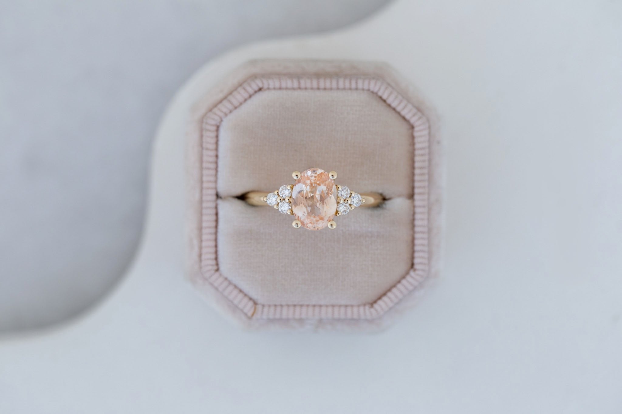 Verona Ring | Peach Oval Sapphire + Round Diamond Accents Engagement Ring 2.05 ct | 14k Recycled Gold | One of a Kind