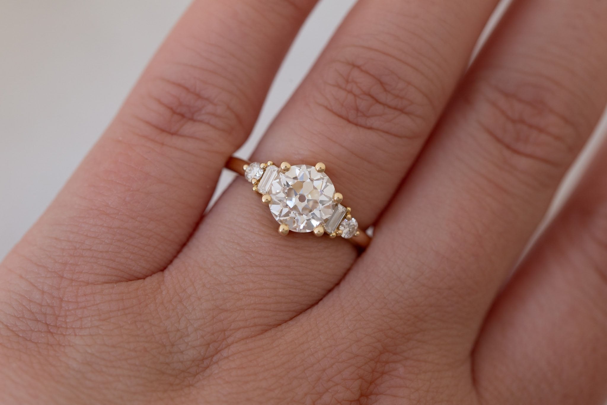 Alsea Ring | Lab Antique Round Cut Diamond + Baguette and Round Lab Diamond Accents Engagement Ring 2.08 ct | 14k Recycled Gold | One of a Kind