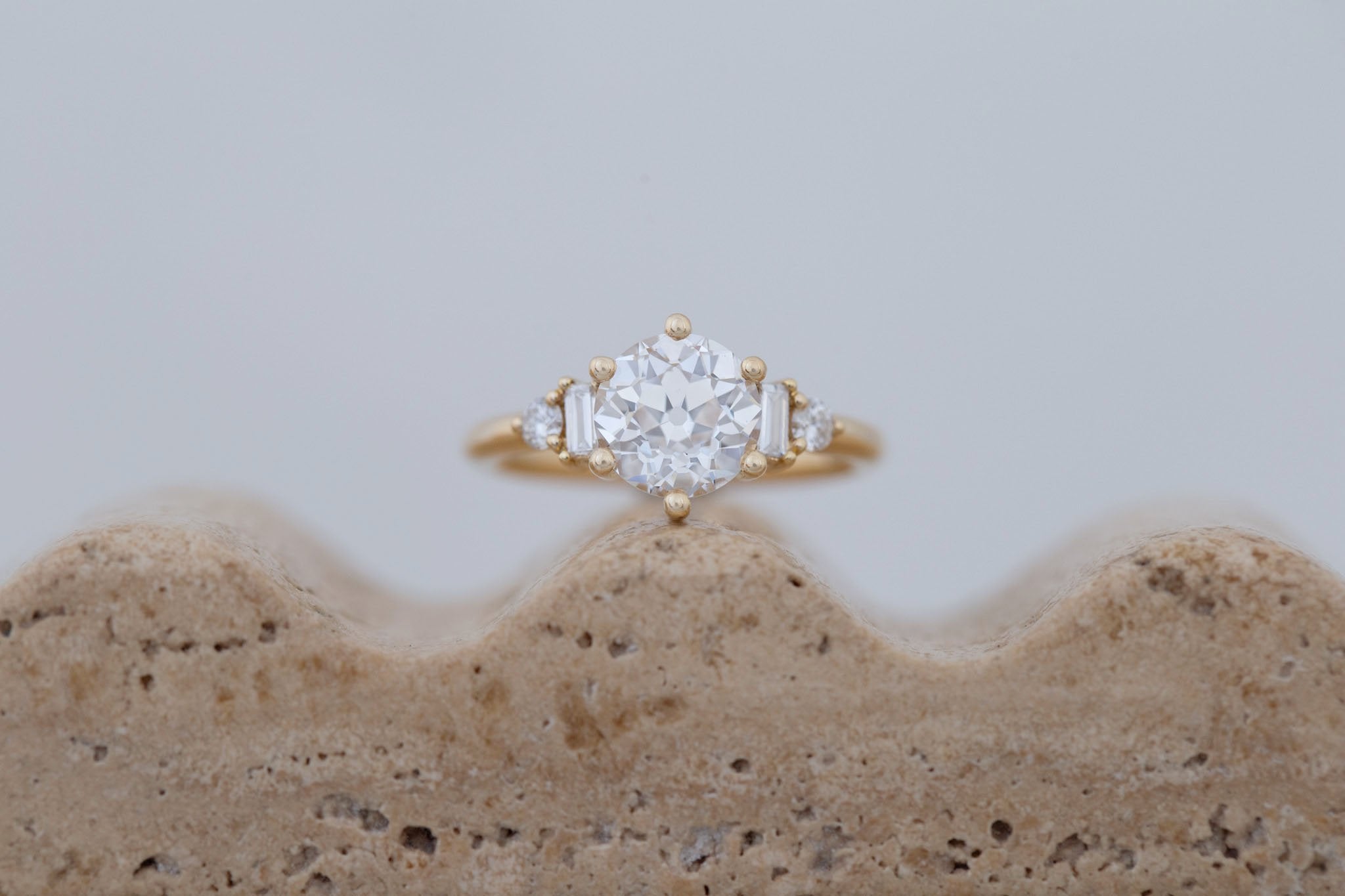 Alsea Ring | Lab Antique Round Cut Diamond + Baguette and Round Lab Diamond Accents Engagement Ring 2.08 ct | 14k Recycled Gold | One of a Kind