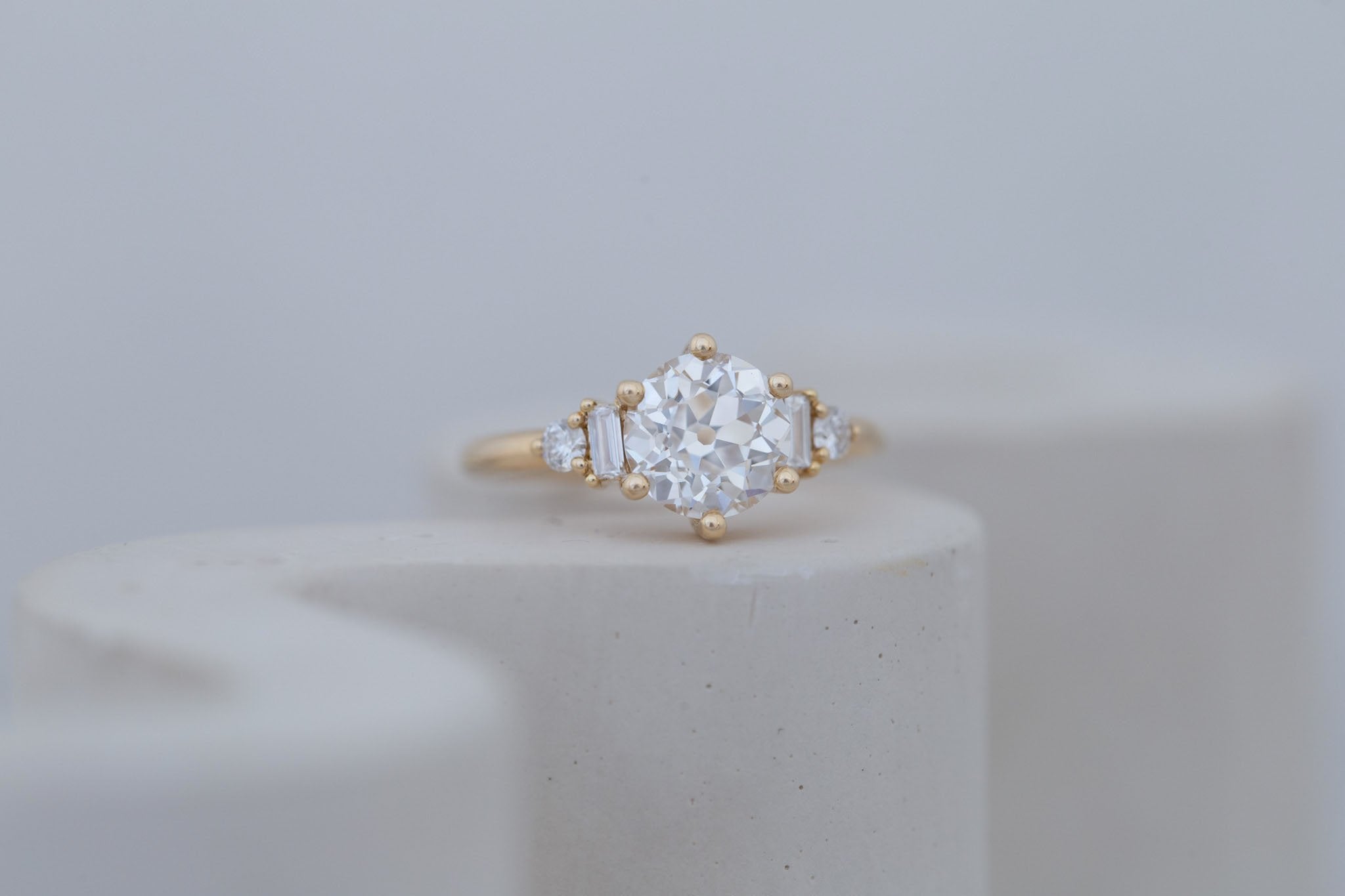 Alsea Ring | Lab Antique Round Cut Diamond + Baguette and Round Lab Diamond Accents Engagement Ring 2.08 ct | 14k Recycled Gold | One of a Kind
