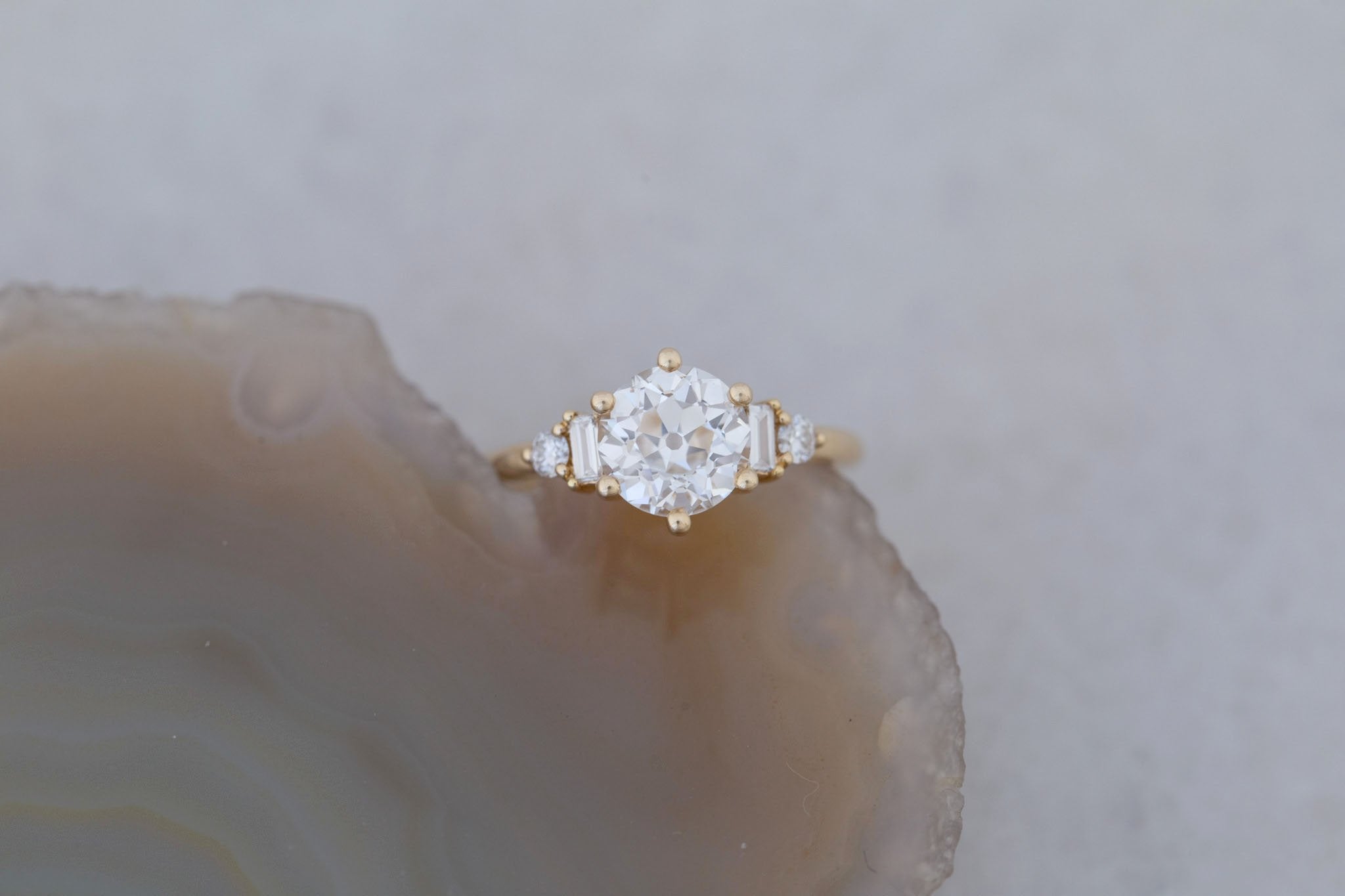 Alsea Ring | Lab Antique Round Cut Diamond + Baguette and Round Lab Diamond Accents Engagement Ring 2.08 ct | 14k Recycled Gold | One of a Kind