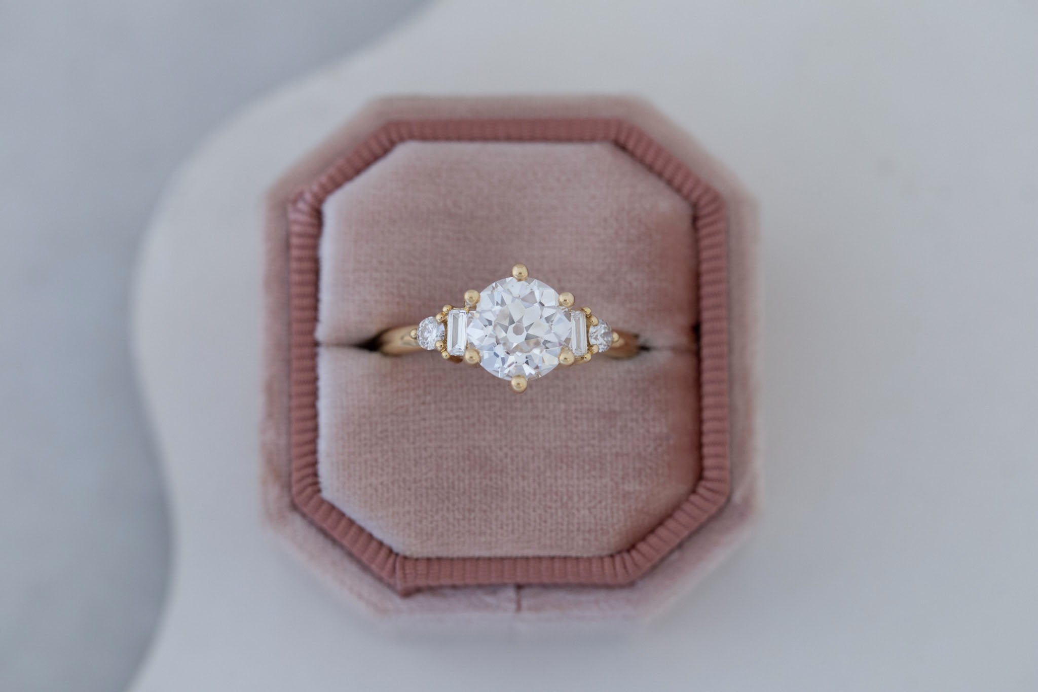 Alsea Ring | Lab Antique Round Cut Diamond + Baguette and Round Lab Diamond Accents Engagement Ring 2.08 ct | 14k Recycled Gold | One of a Kind